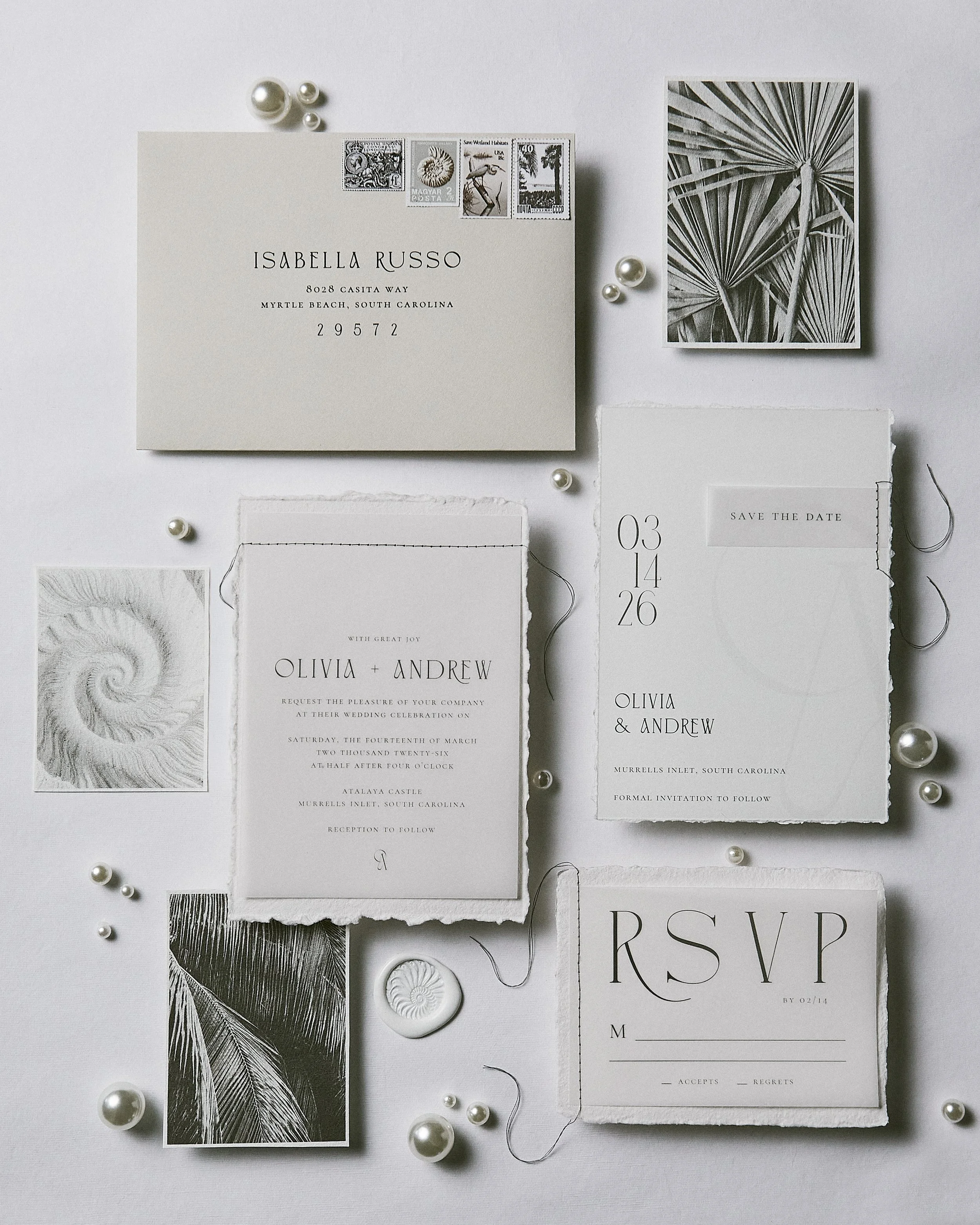 Custom black tie vellum, sewn save the date wedding invitation at Atalaya Castle, SC