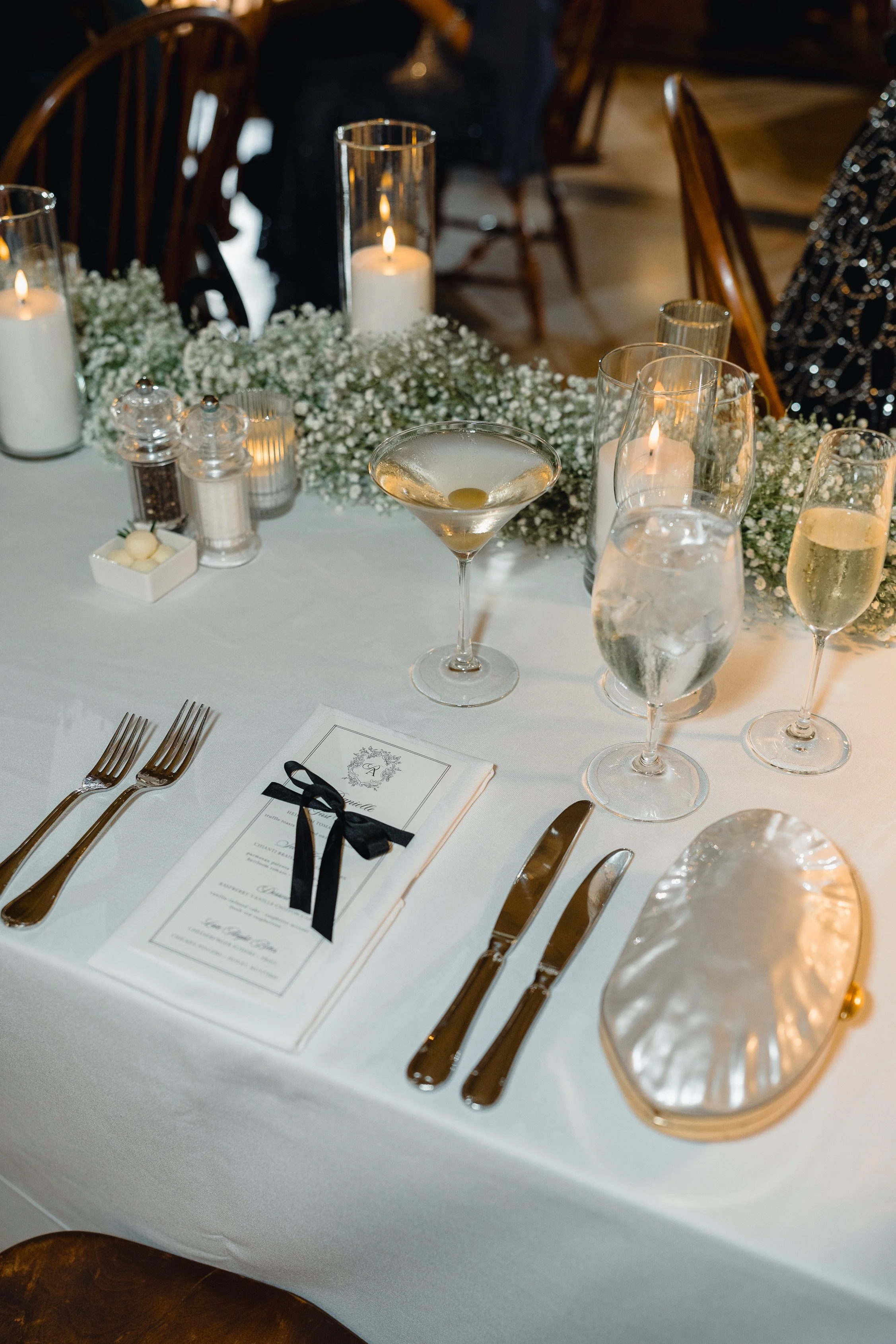 Wedding place card dinner menus with black silk ribbon at the Boston Public Library