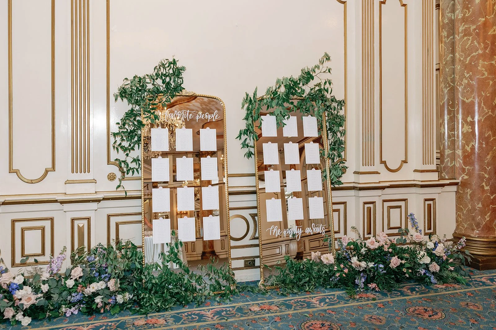 Vintage ornate card stock seating chart with custom wax seals and florals for Boston wedding reception at Fairmont Copley Plaza