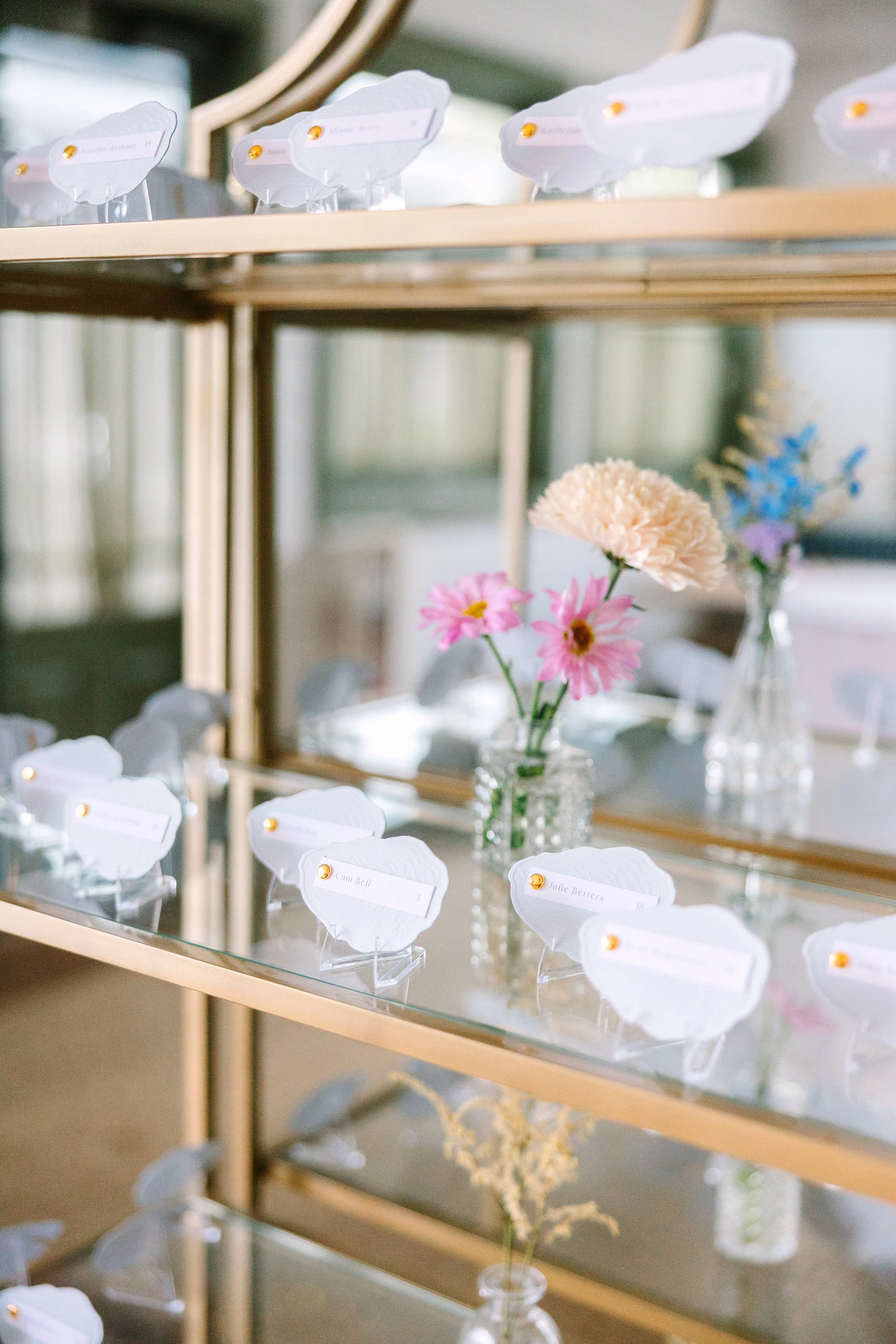 Pale blue oyster shaped escort cards at the Nantucket Hotel