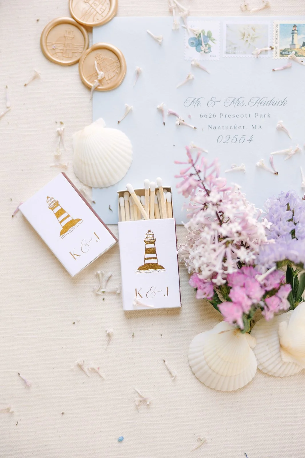 Custom gold foil lighthouse matchboxes for a wedding at the Nantucket Hotel & Resort in Nantucket, MA