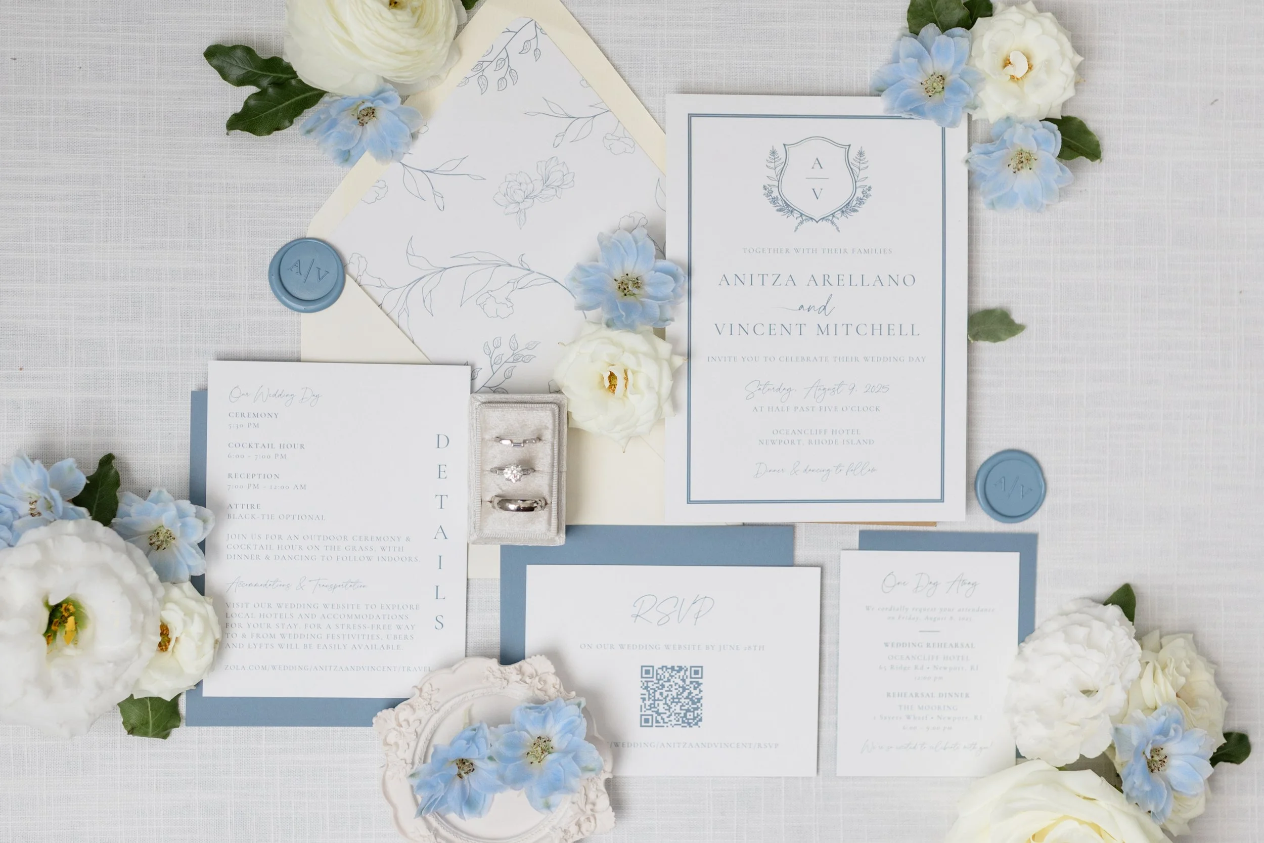Custom coastal blues wedding invitation at the OceanCliff Hotel