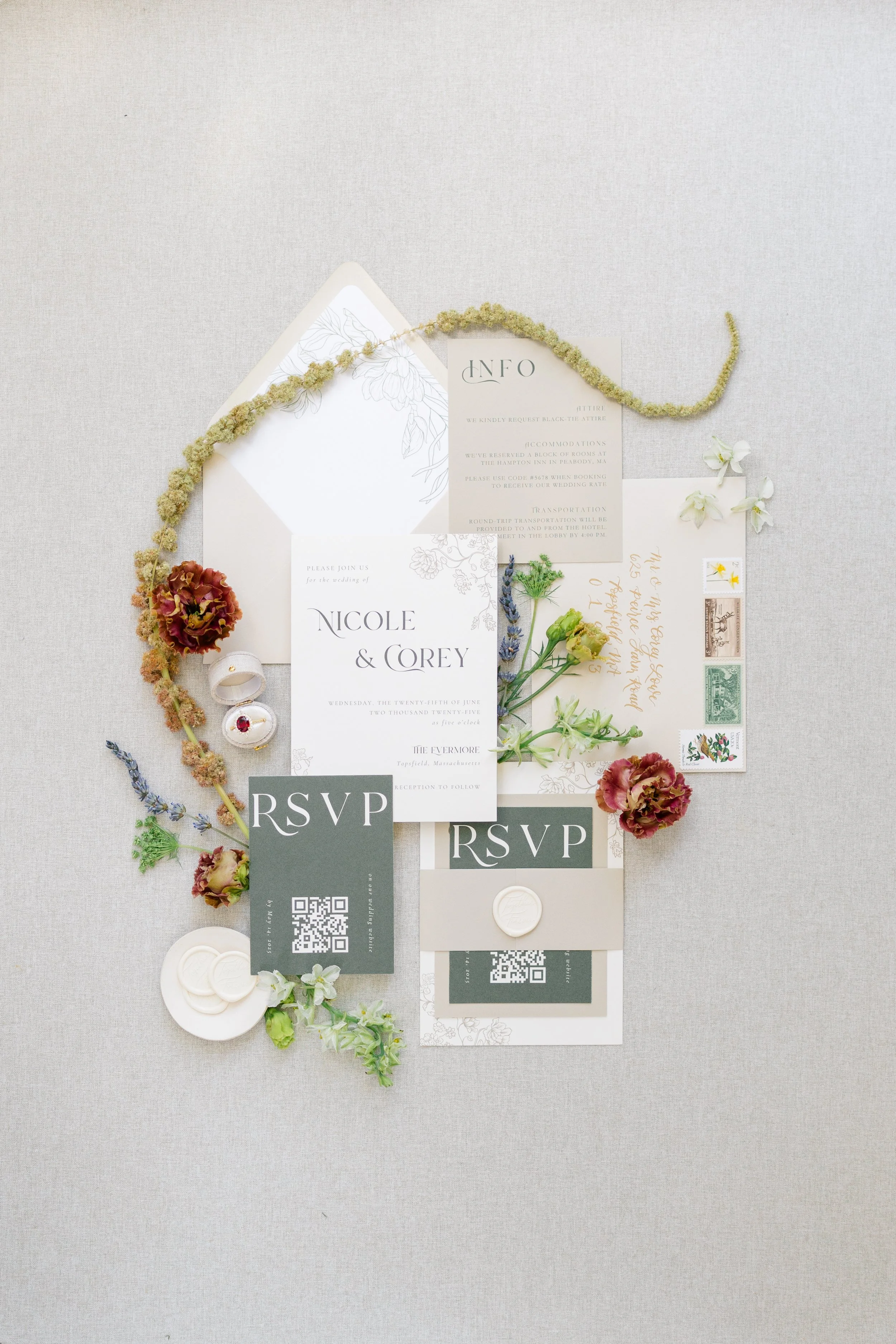 Custom bespoke neutrals and green refined wedding invitation suite featuring embossing, wax seal, calligraphy, vintage stamps, and a modern elegant layout  - The Evermore