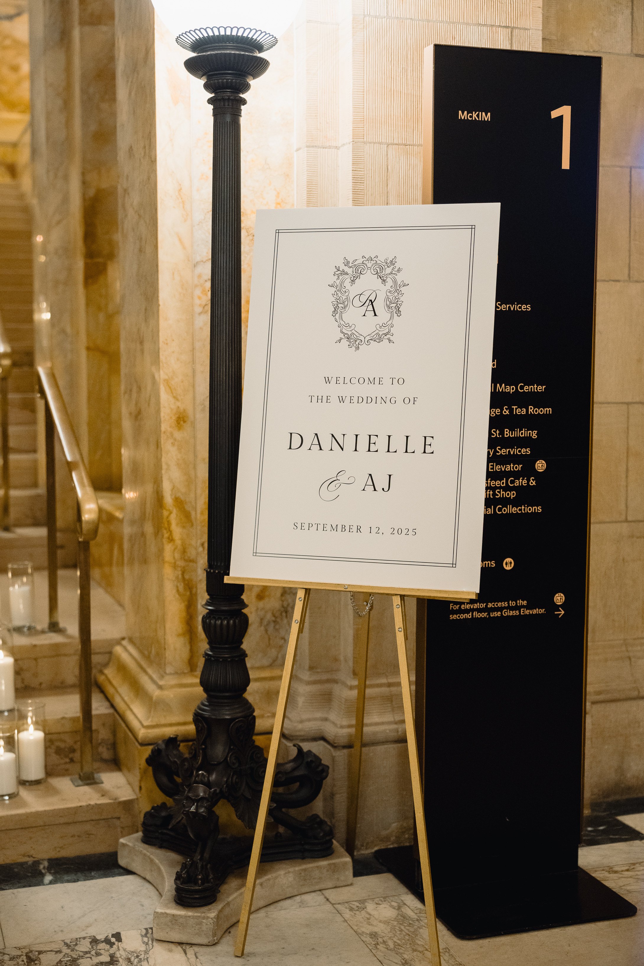 Custom white foam board welcome sign with crest - Boston Public Library