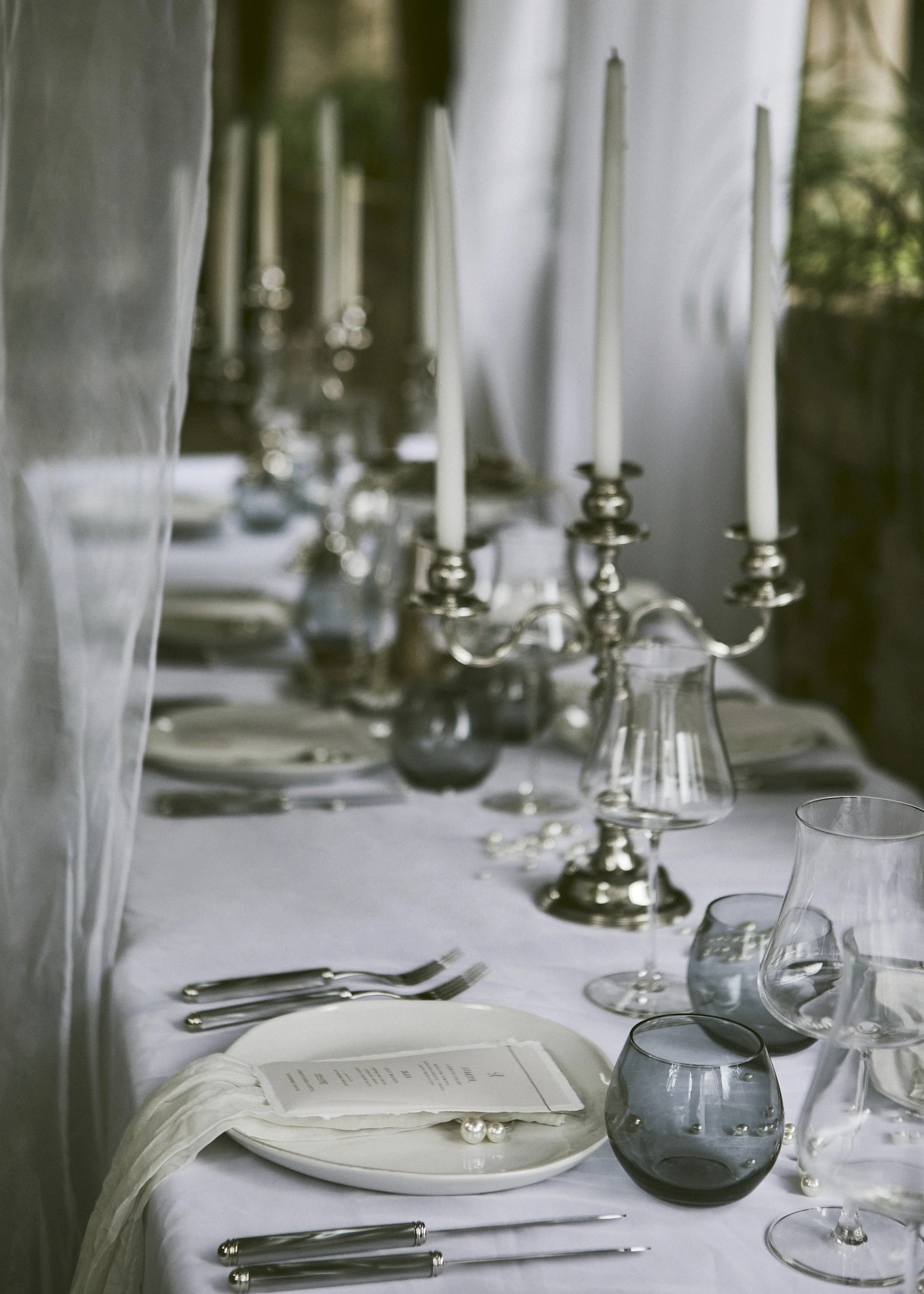 Elegant, beachy custom charcoal neutral sewn dinner menus at Atalaya Castle South Carolina