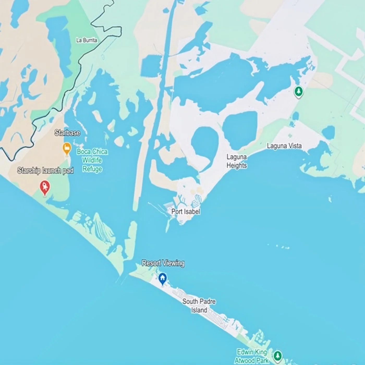 Map of South Padre Island and Port Isabel near SpaceX Starship launch site