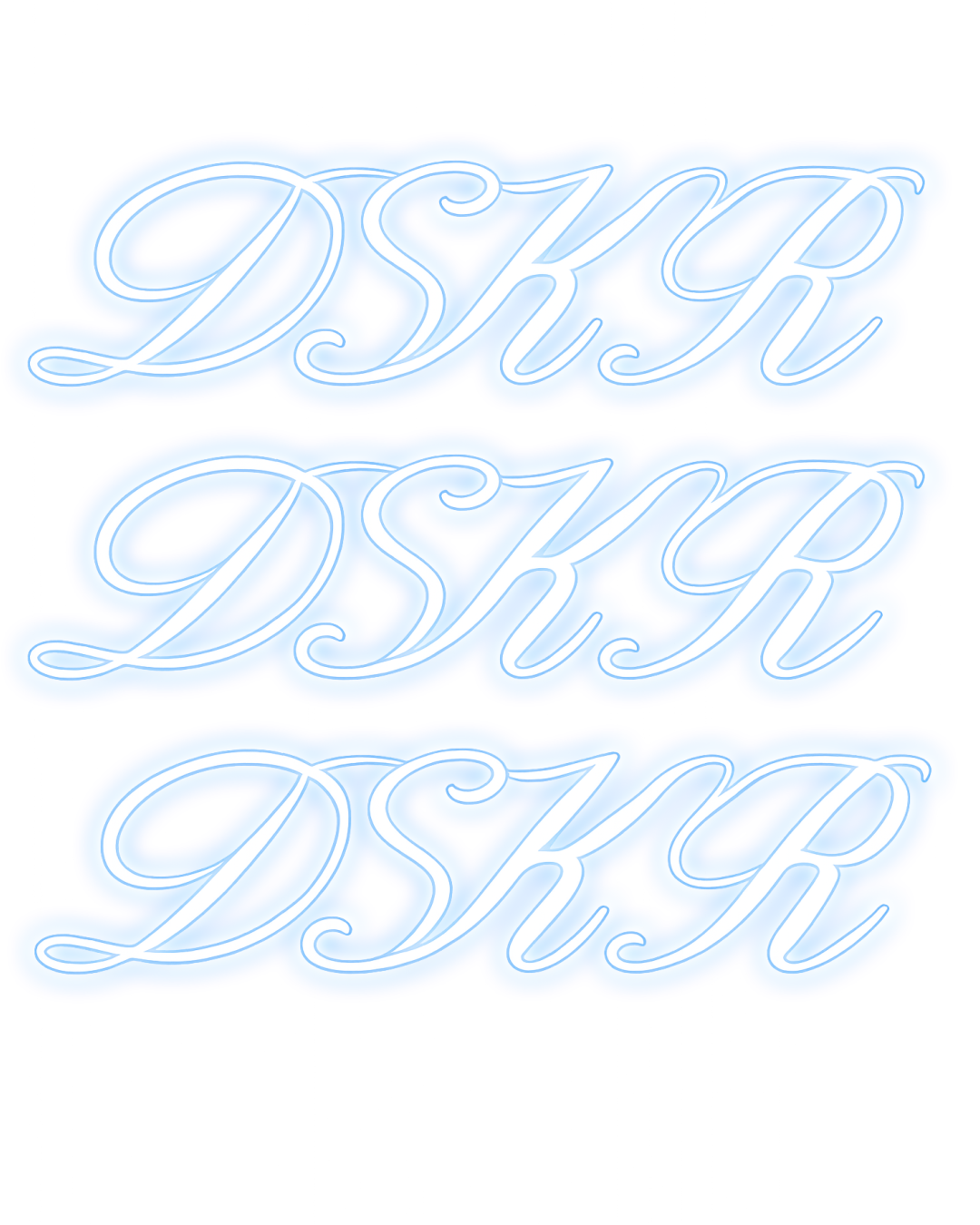 Neon sign displaying the word 'DJK' three times in cursive script with a glowing blue outline on a black background.