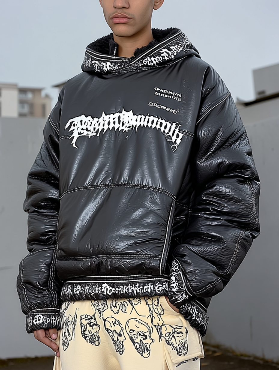 Person wearing a black, shiny, oversized puffer jacket with white graphic text, standing outdoors against gray buildings.