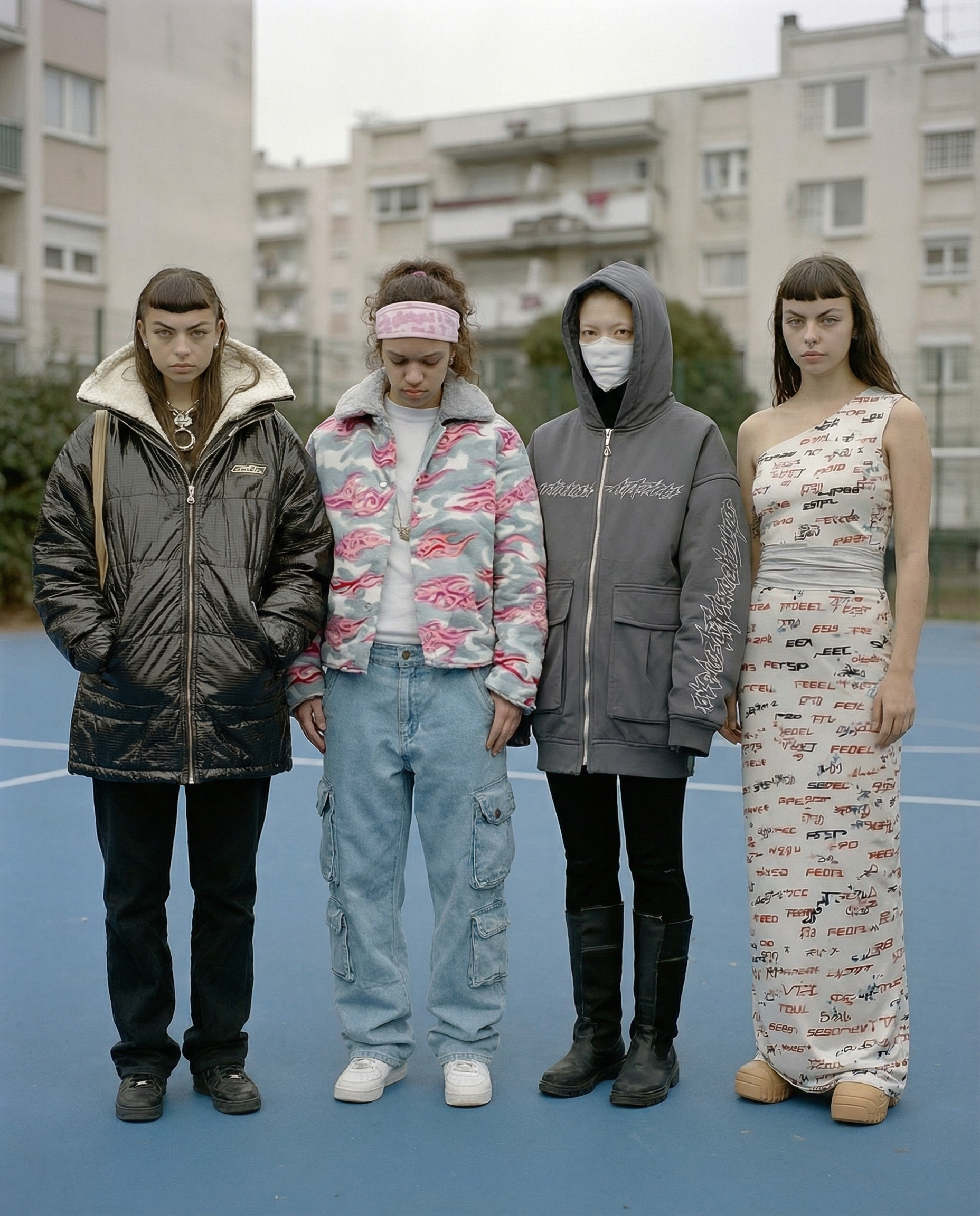 Four young women standing on a blue outdoor tennis court with apartment buildings in the background. They are dressed in a mix of casual and stylish clothing, with serious expressions.