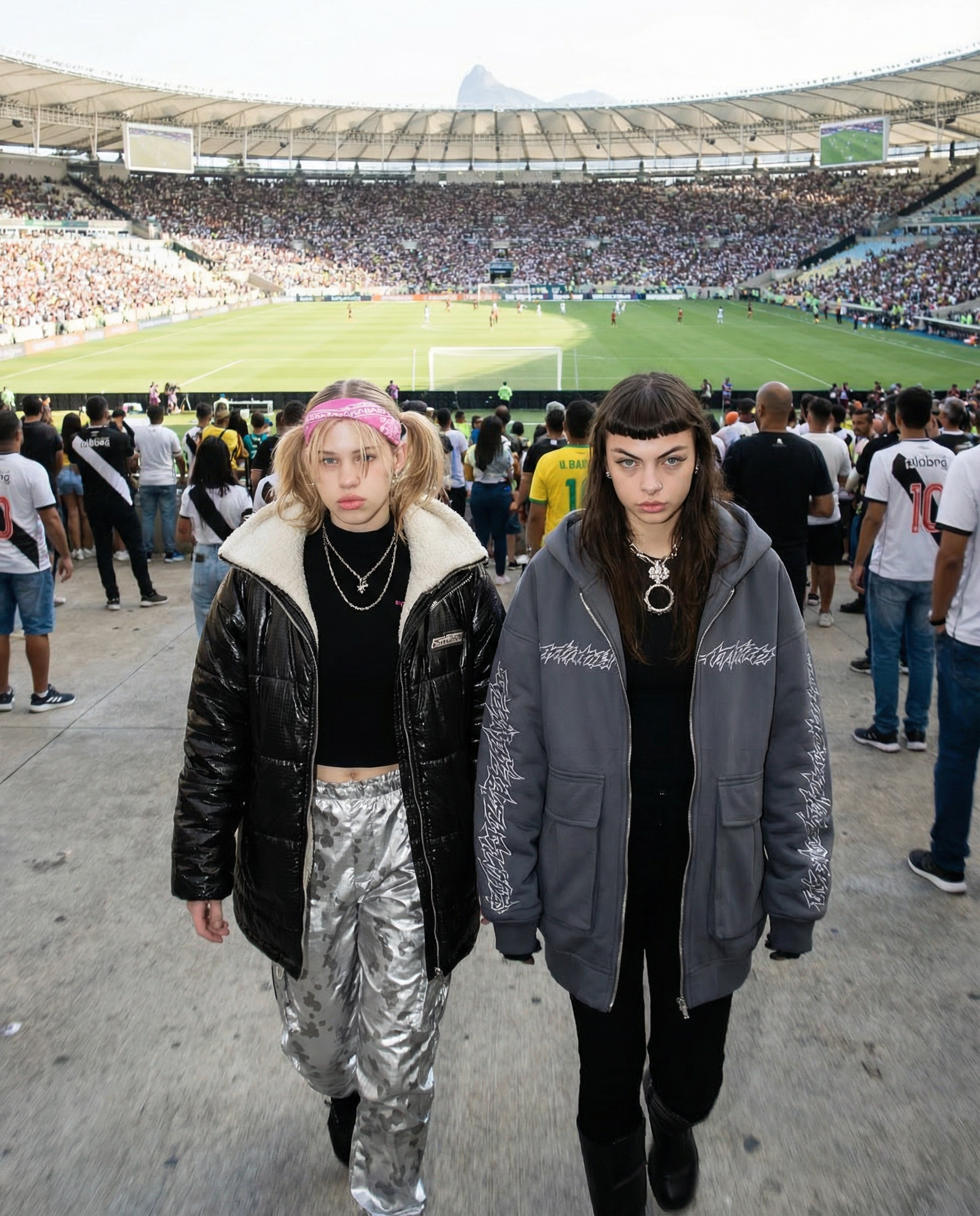 Two stylish young women walking toward the camera at a crowded soccer stadium during a match, with the field and spectators in the background.