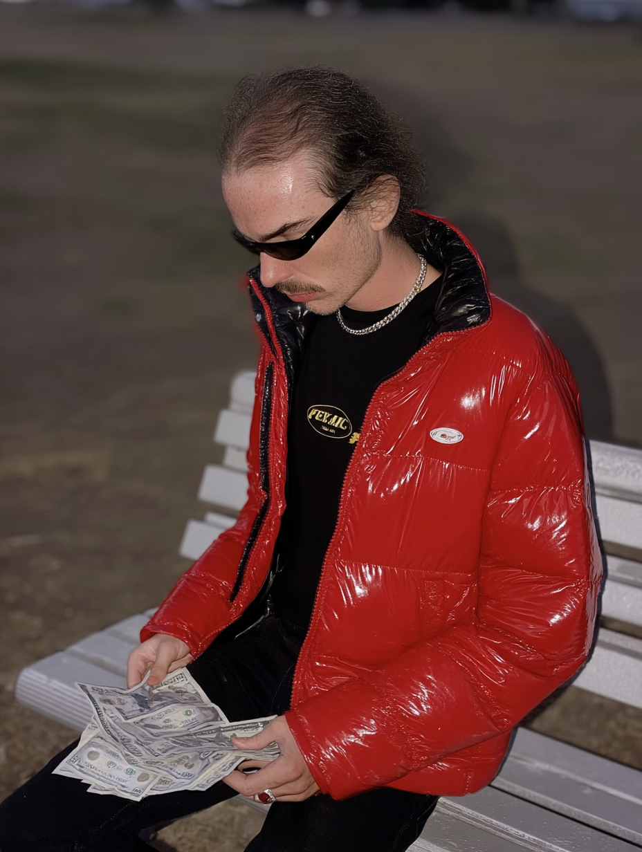 A man with long hair, wearing sunglasses, a black shirt, a silver chain, and a shiny red jacket, is sitting on a park bench at dusk, holding and counting several twenty-dollar bills.