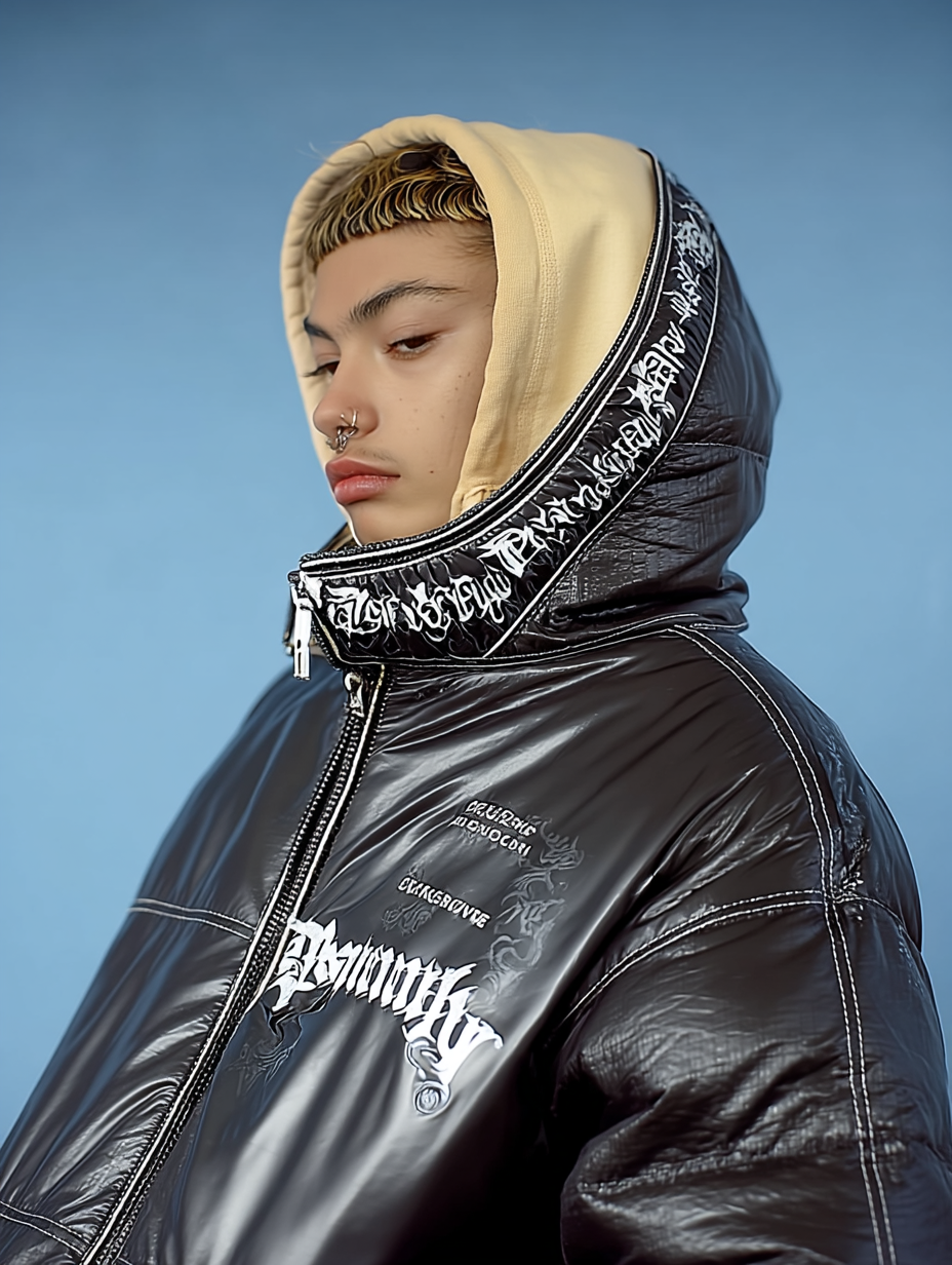 A person wearing a black shiny hooded jacket with white lettering and a beige hoodie underneath, standing against a blue background.