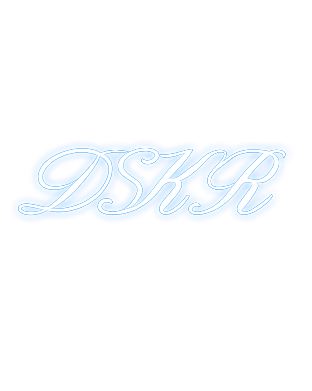 Neon sign with the text 'DSKR' illuminated in white and blue colors.