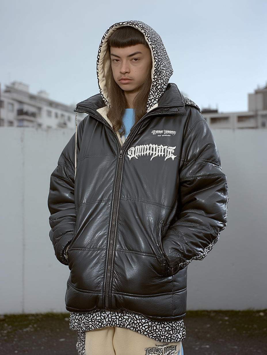 A young person with straight brown hair and bangs, wearing a black leather jacket with patches and a hooded sweatshirt, poses outdoors in front of a white wall with apartment buildings in the background.