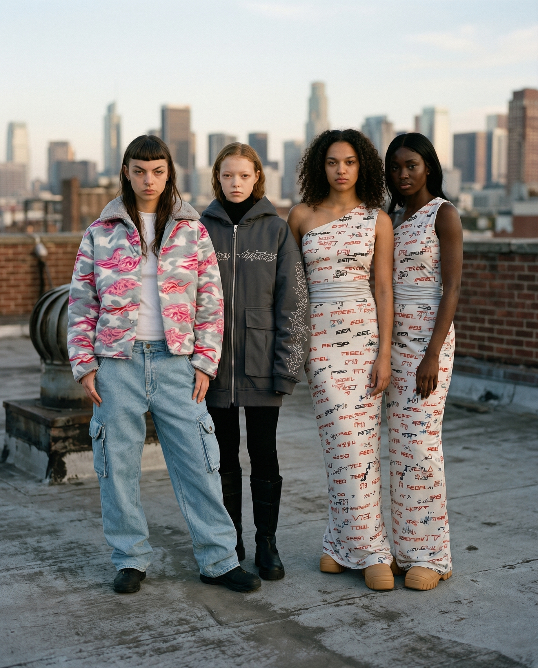Four young women standing on a rooftop in an urban setting with a city skyline in the background, wearing casual and trendy outfits.