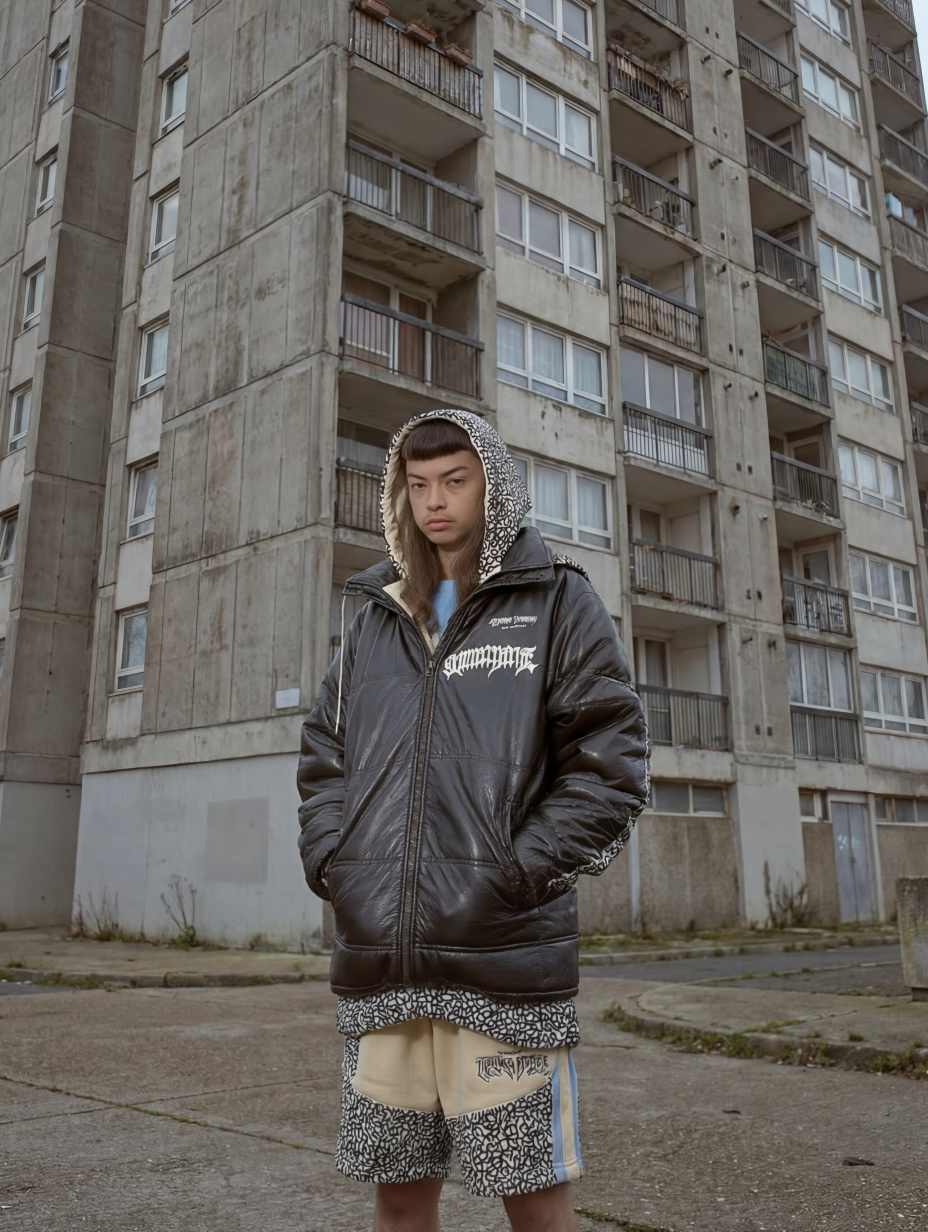 A young person standing in front of an old apartment building wearing a black puffer jacket with a leopard print hoodie underneath and patterned shorts.
