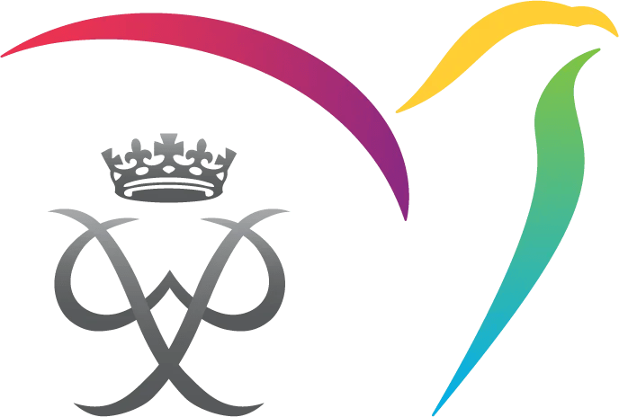 A black and gray skull with rainbow-colored swooshes in yellow, green, blue, purple, and pink surrounding it.