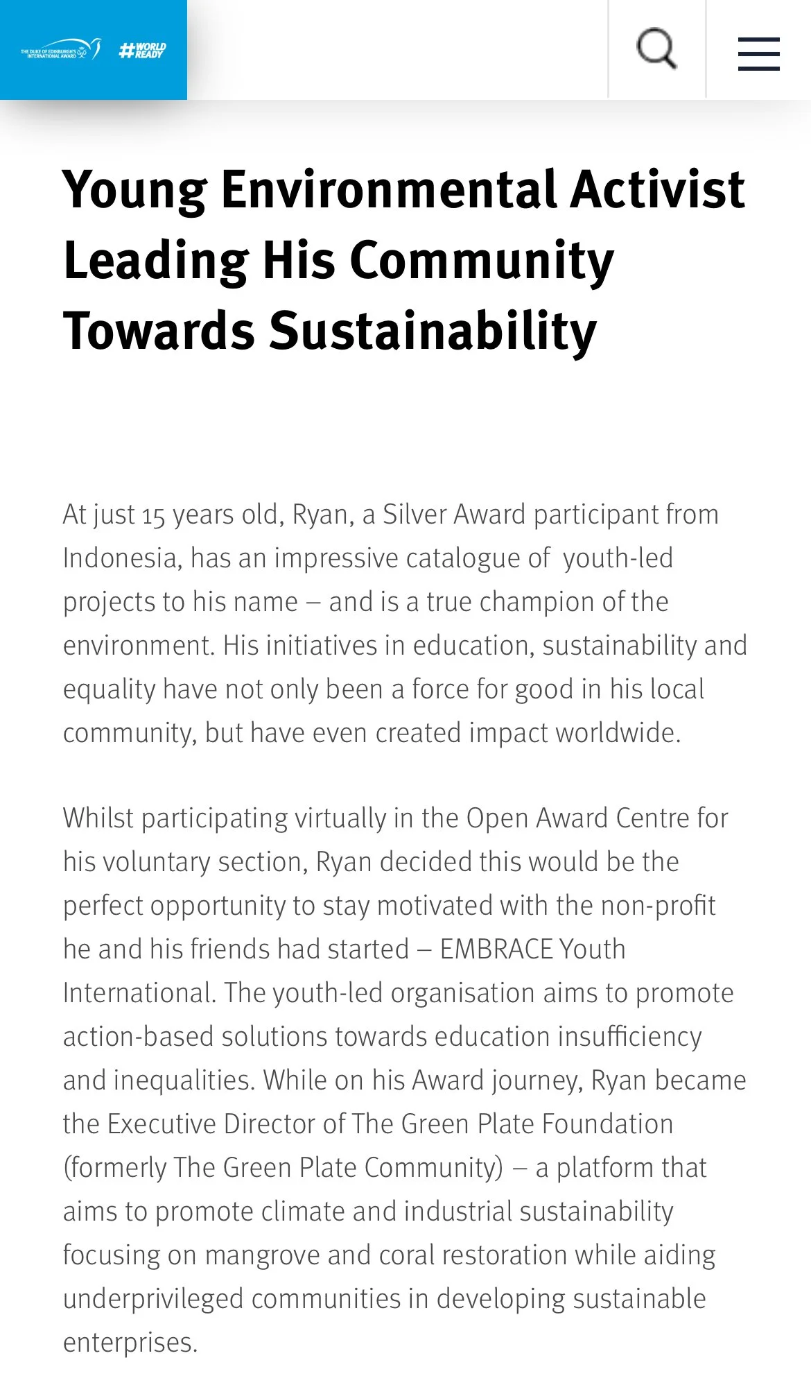 Web page about a young environmental activist named Ryan from Indonesia, highlighting his projects and impact on sustainability and education, and his work with EMbrace Youth International and The Green Plate Foundation.