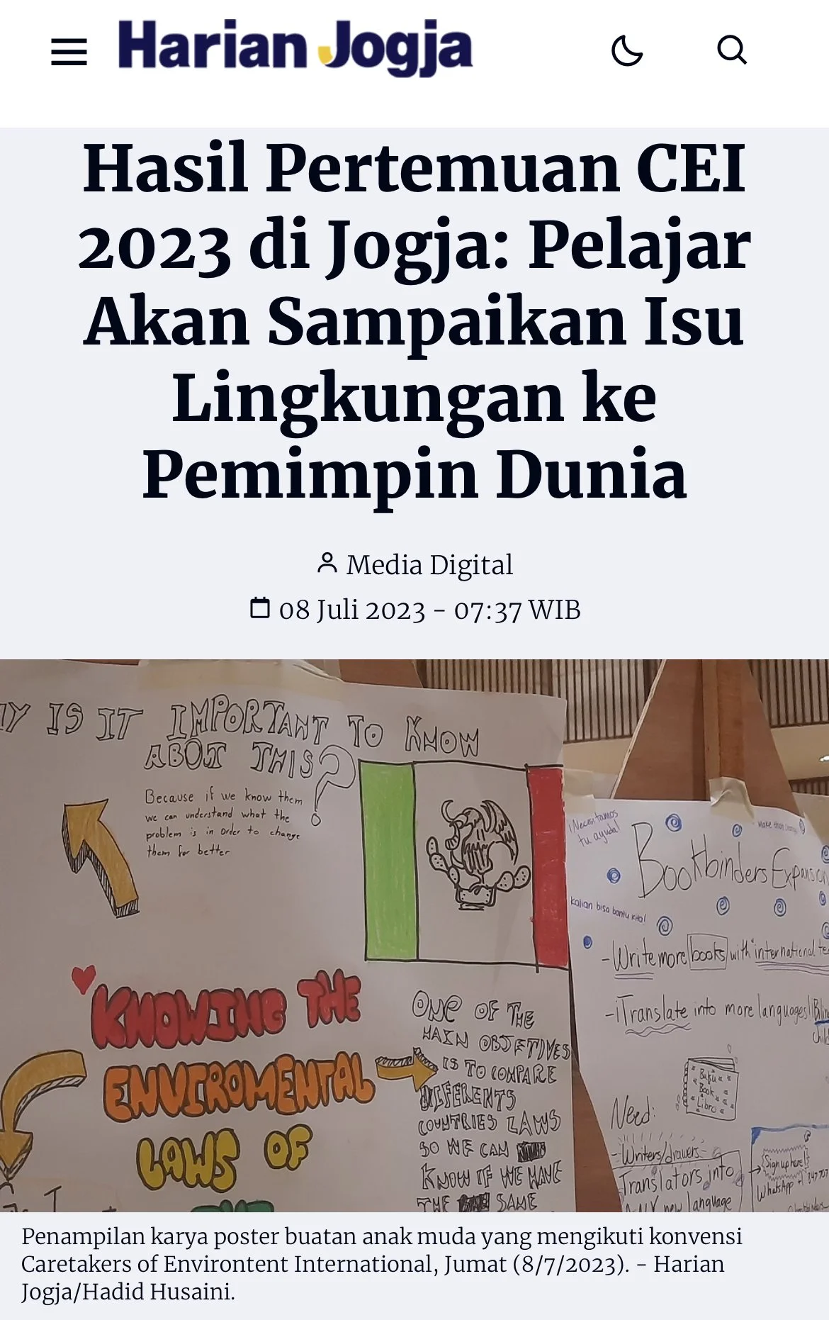 A digital news article screenshot from Harian Jogja with a headline discussing the 2023 environmental issue survey in Jogja and its implications for global leaders, dated July 8, 2023. The lower part of the image shows a child's handmade poster about environmental laws, with colorful hand-drawn illustrations and handwritten notes.