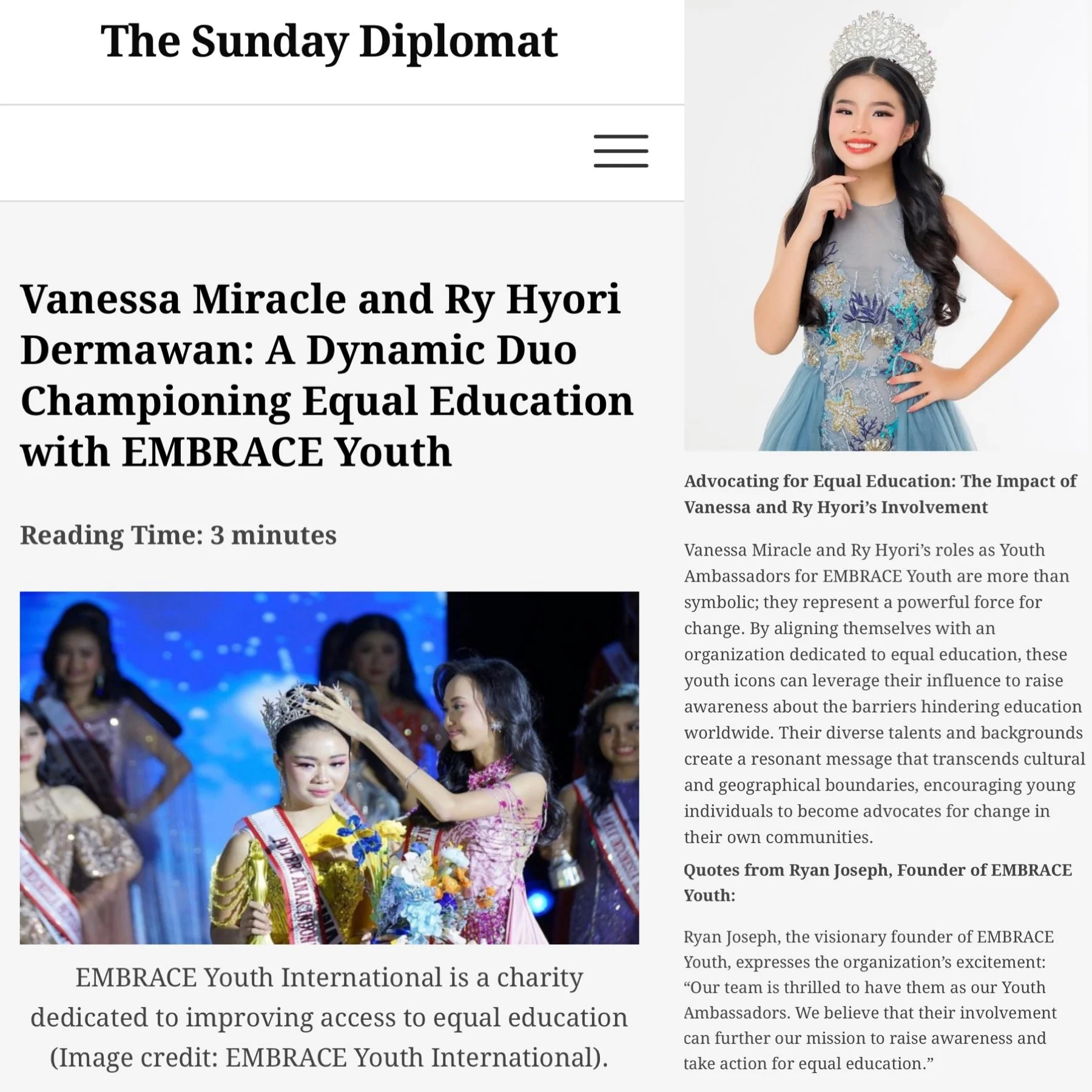 A young woman in a crown and a dress standing beside a girl receiving a sash and holding flowers, during a beauty pageant or ceremony.