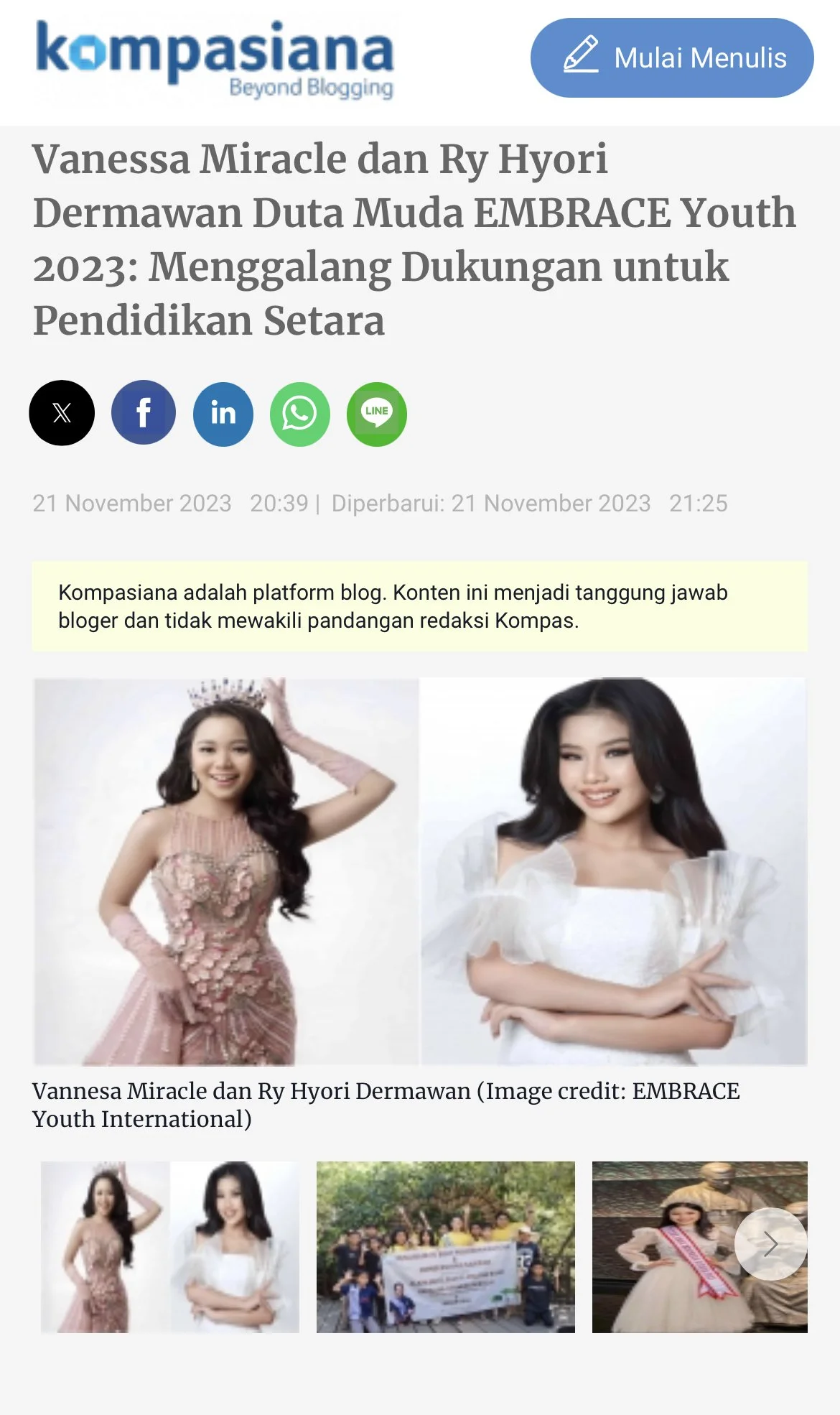 Screenshot of an article featuring two young women, Vanessa Miracle and Ry Hyori Dermawan, dressed elegantly, with additional photos below showing group activities and a girl wearing a sash.