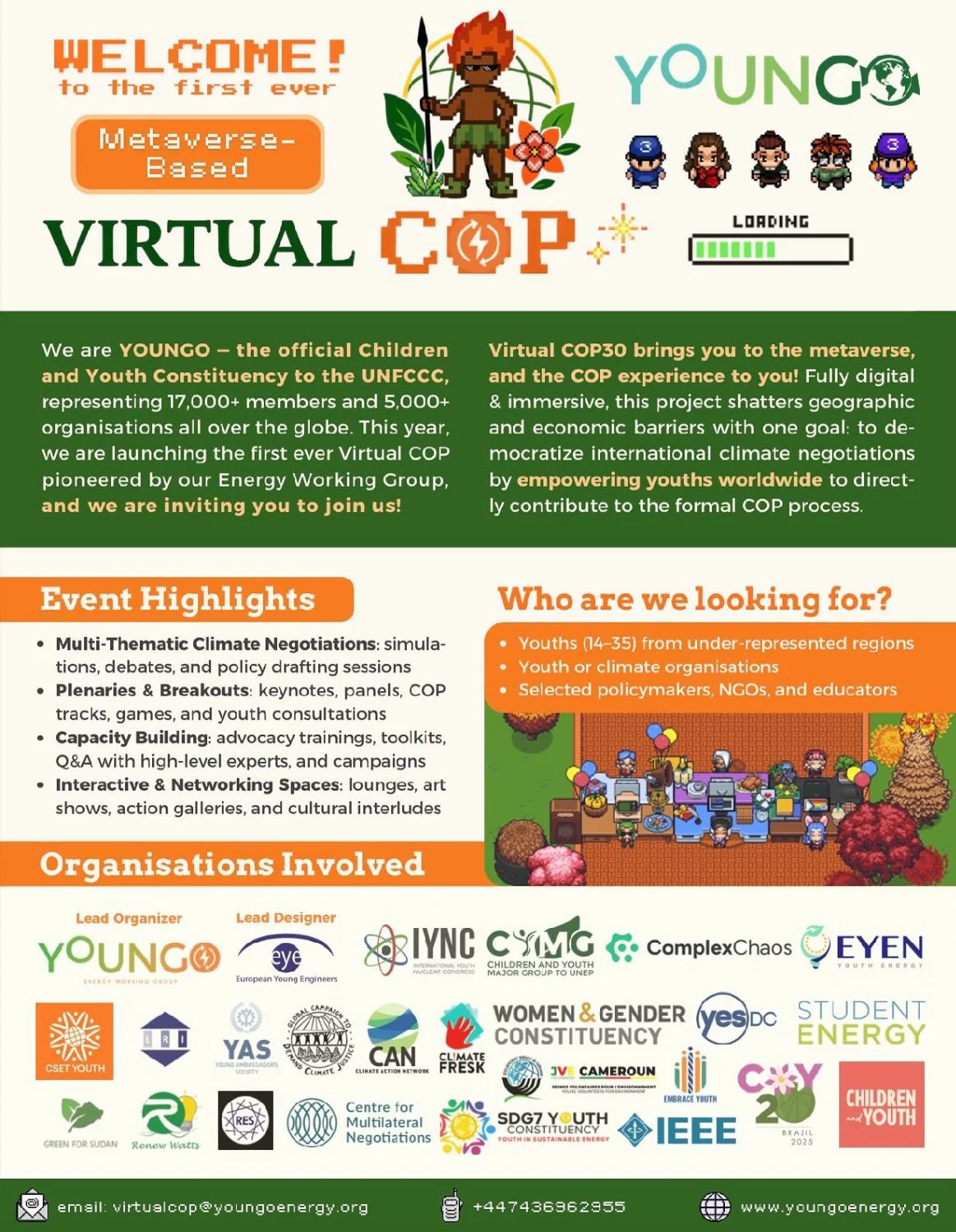 A colorful flyer promoting Virtual COP30, a virtual youth climate negotiations event for ages 14-35, organized by Youngo and other organizations. The flyer features pixel art characters, a loading bar, details about the event highlights such as debates, plenaries, advocacy training, and cultural spaces, and lists involved organizations.
