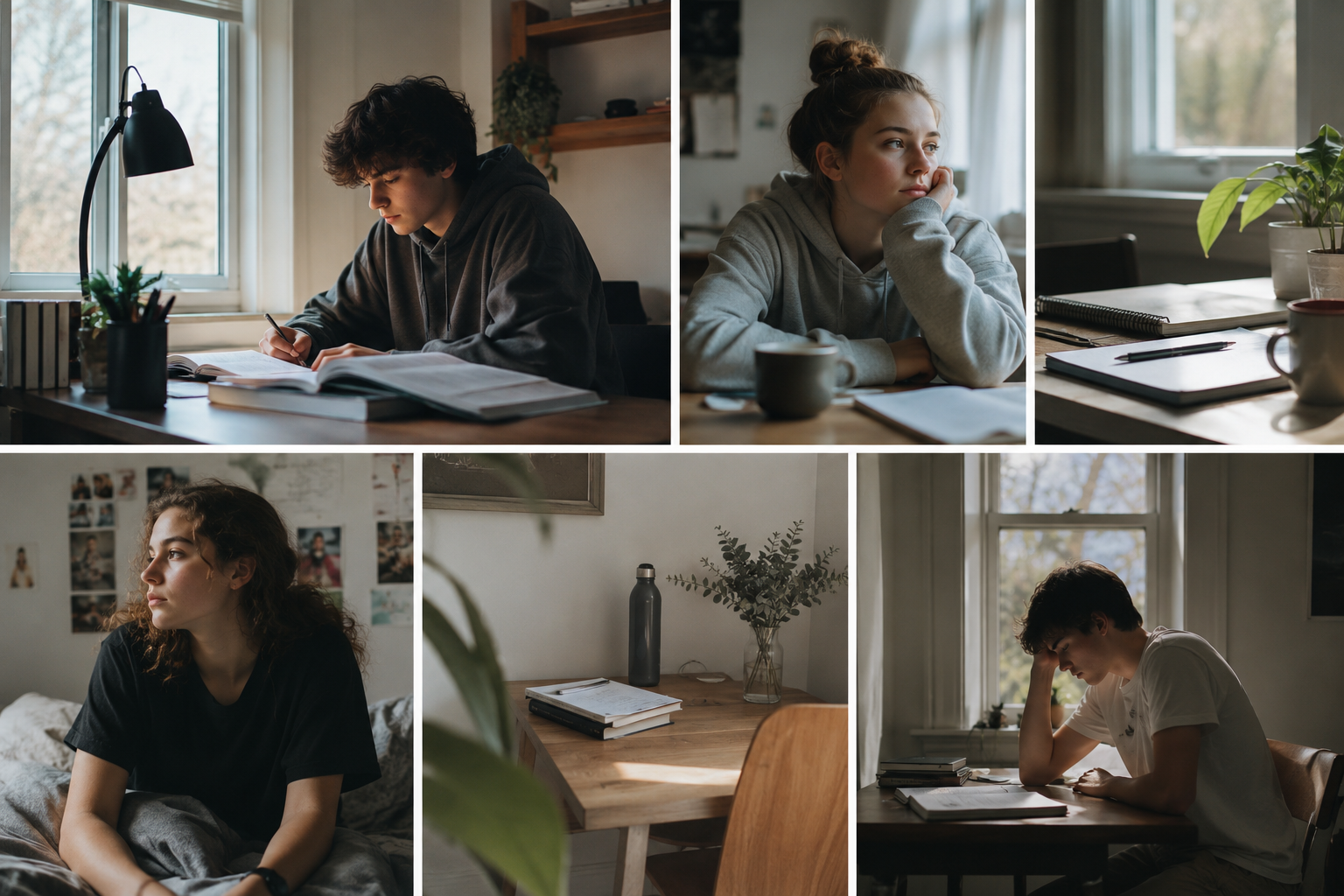 A collage of five photos featuring teens feeling overwhelmed by school and learning how to stay on track