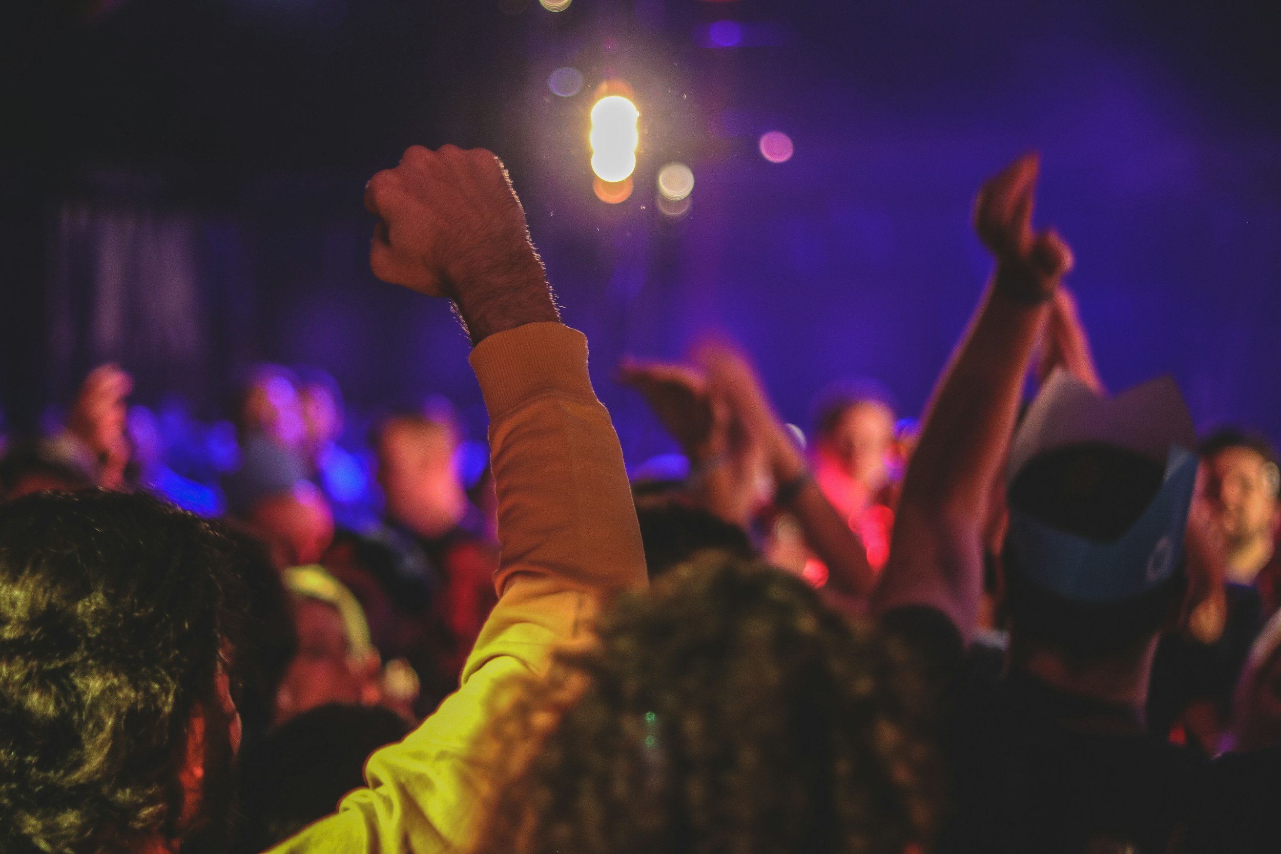 Audience at a concert or event with hands raised, some pointing or clenched in fists, under stage lights and colorful background.