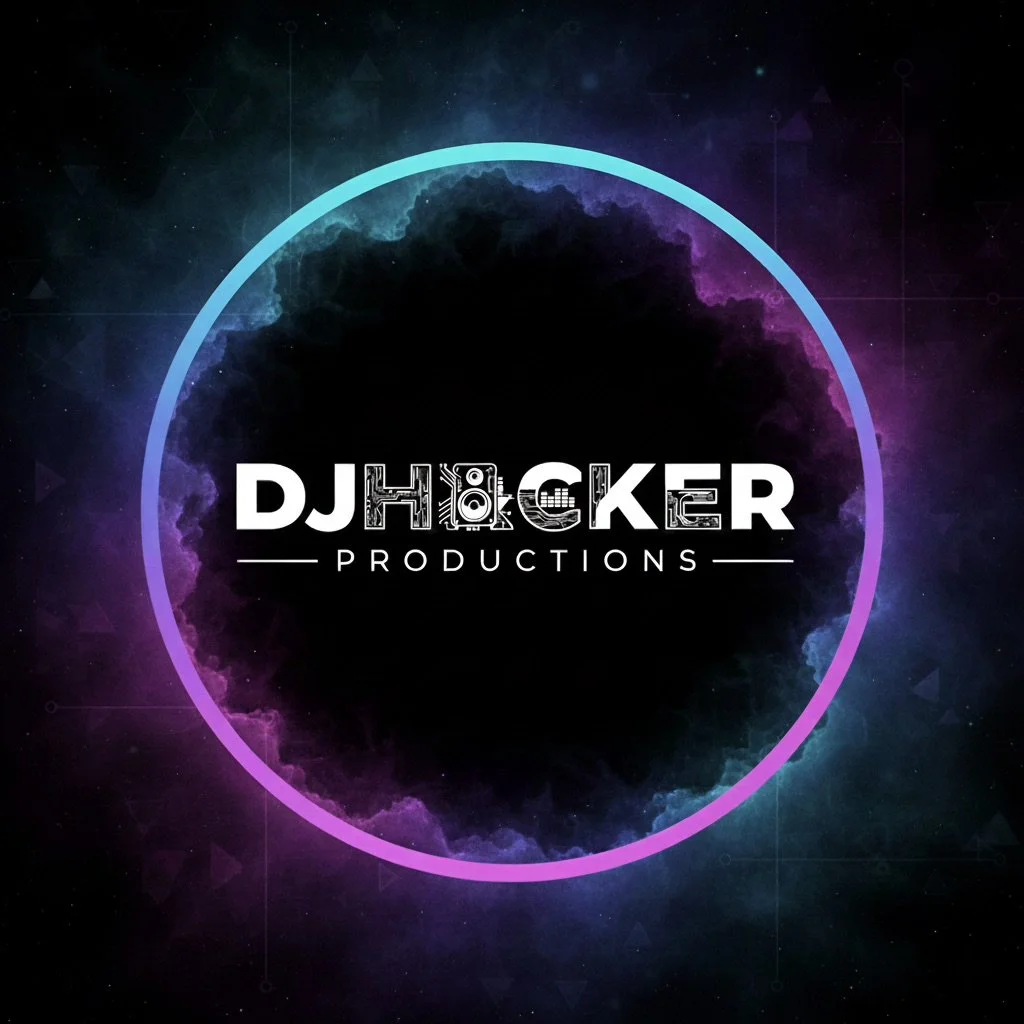 Logo for DJ Hacker Productions with a glowing circular border and a smoky background.