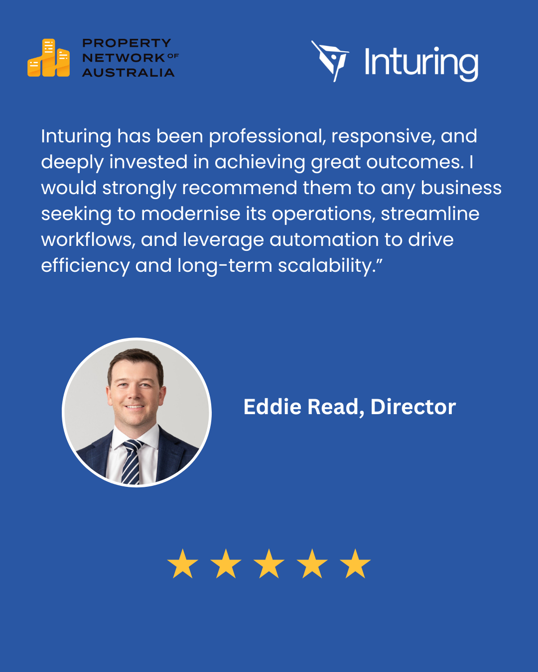 Testimonial graphic with Property Network of Australia and Inturing logos. Contains a quote praising Inturing's professionalism, responsiveness, and investment in successful outcomes. Features a photo of Eddie Read, Director, with a five-star rating 