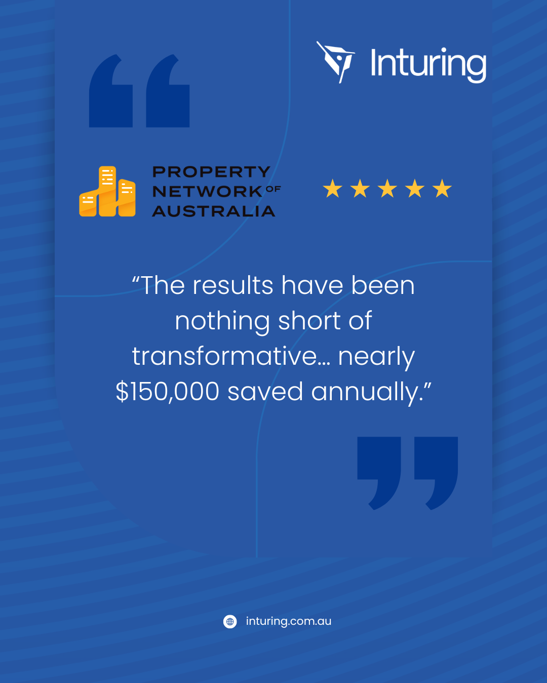 Blue background with the Property Network of Australia logo, five yellow stars, and Insturing logo. Quote: 'The results have been nothing short of transformative... nearly $150,000 saved annually.' URL at the bottom.