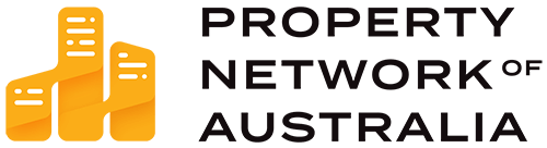 Logo of Property Network of Australia featuring three yellow buildings and black text.