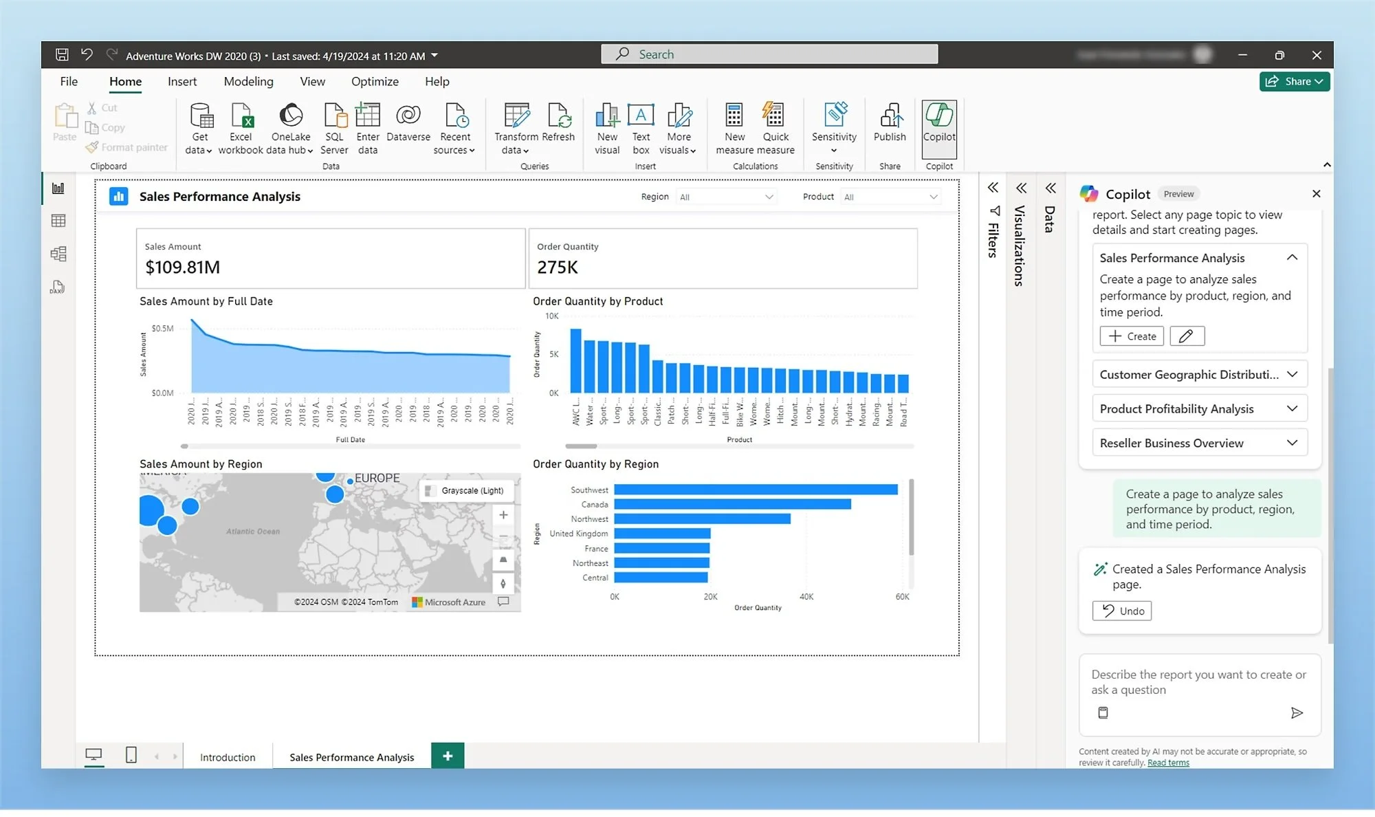 Screenshot of a Power BI report titled 'Sales Performance Analysis' with charts, maps, and data labels showing sales data by region, product, and time period. The right panel displays the Copilot pane with options to create and analyze report pages.