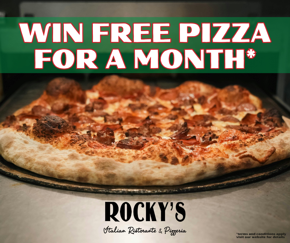 A pizza with various toppings such as pepperoni and sausage on a pizza stone. Promotional text overlaying the image reads, "Win Free Pizza for a Month". The bottom of the image features the logo for Rocky's Italian Ristorante & Pizzeria, with additional small text mentioning terms and conditions.