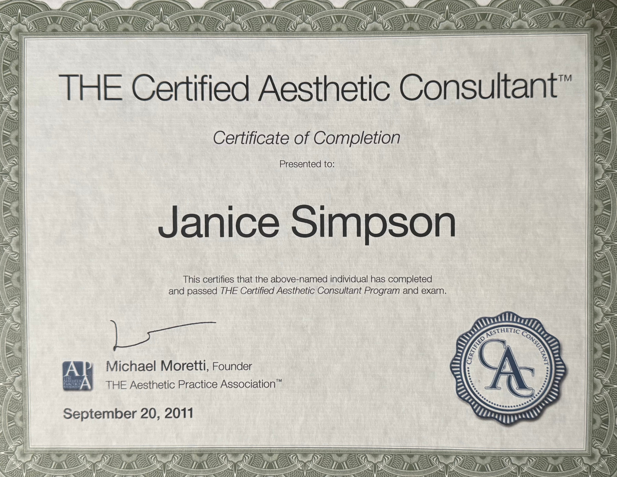 Janice Simpson THE Certified Aesthetic Consultant Training Certificate