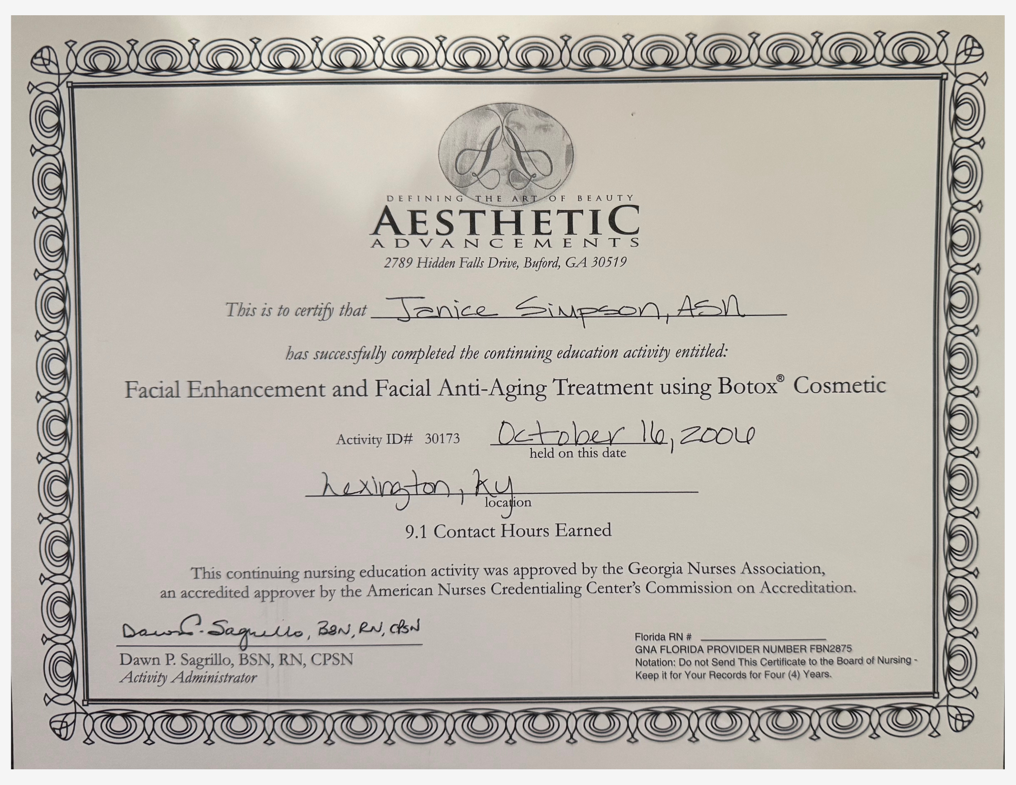 Janice Simpson Facial Enhancement and Anti-Aging Treatment Certificate