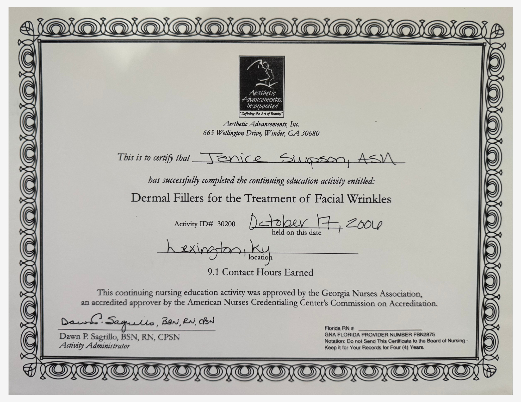 Janice Simpson Dermal Fillers for the Treatment of Facial Wrinkles Certificate