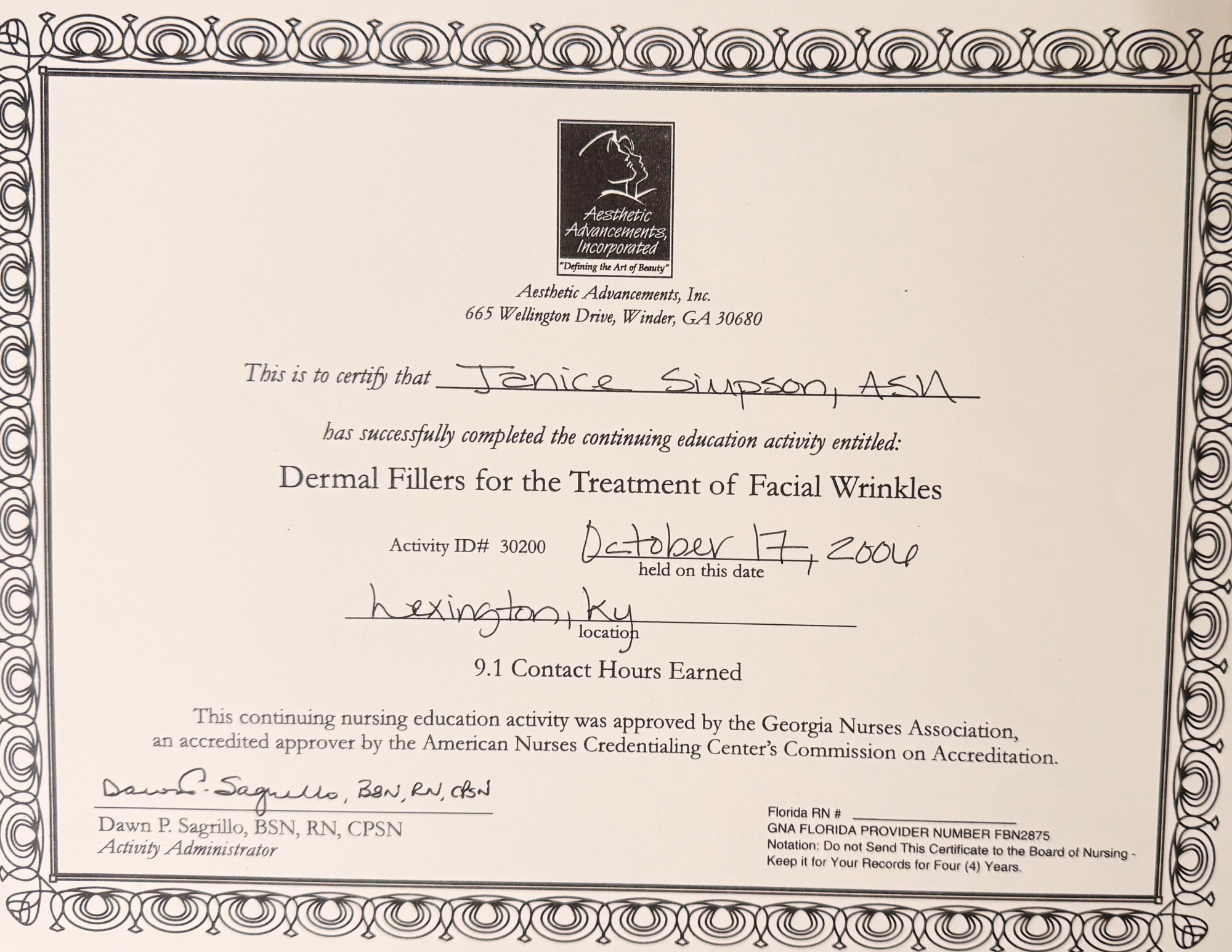 Janice Simpson Dermal Fillers for Treatment of Facial Wrinkles Training Certificate