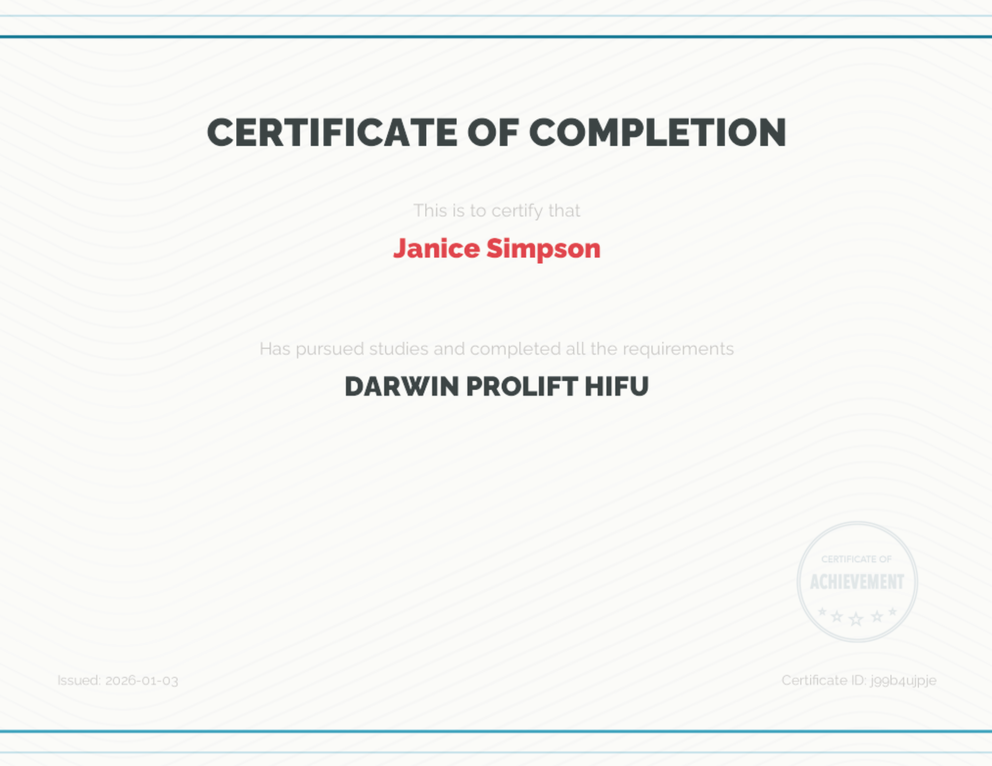 Janice Simpson LUVO Darwin Prolift HIFU Training Certificate
