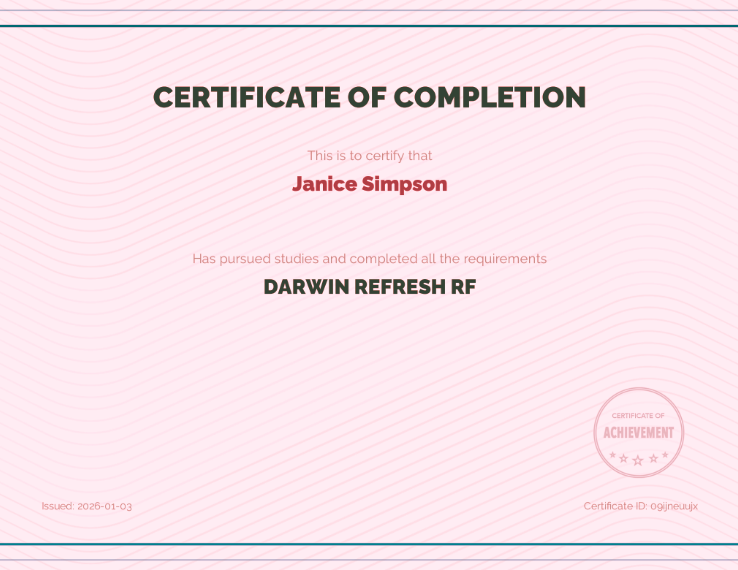 Janice Simpson LUVO Darwin Refresh RF Training Certificate