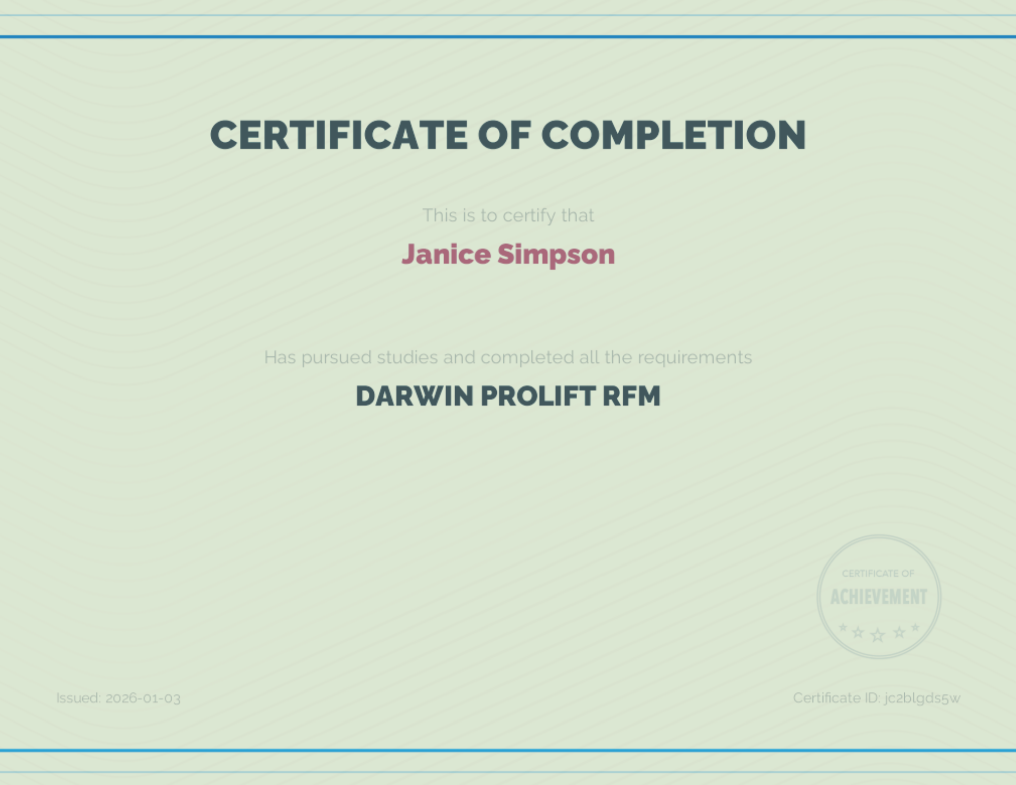 Janice Simpson LUVO Darwin Prolift RFM Training Certificate