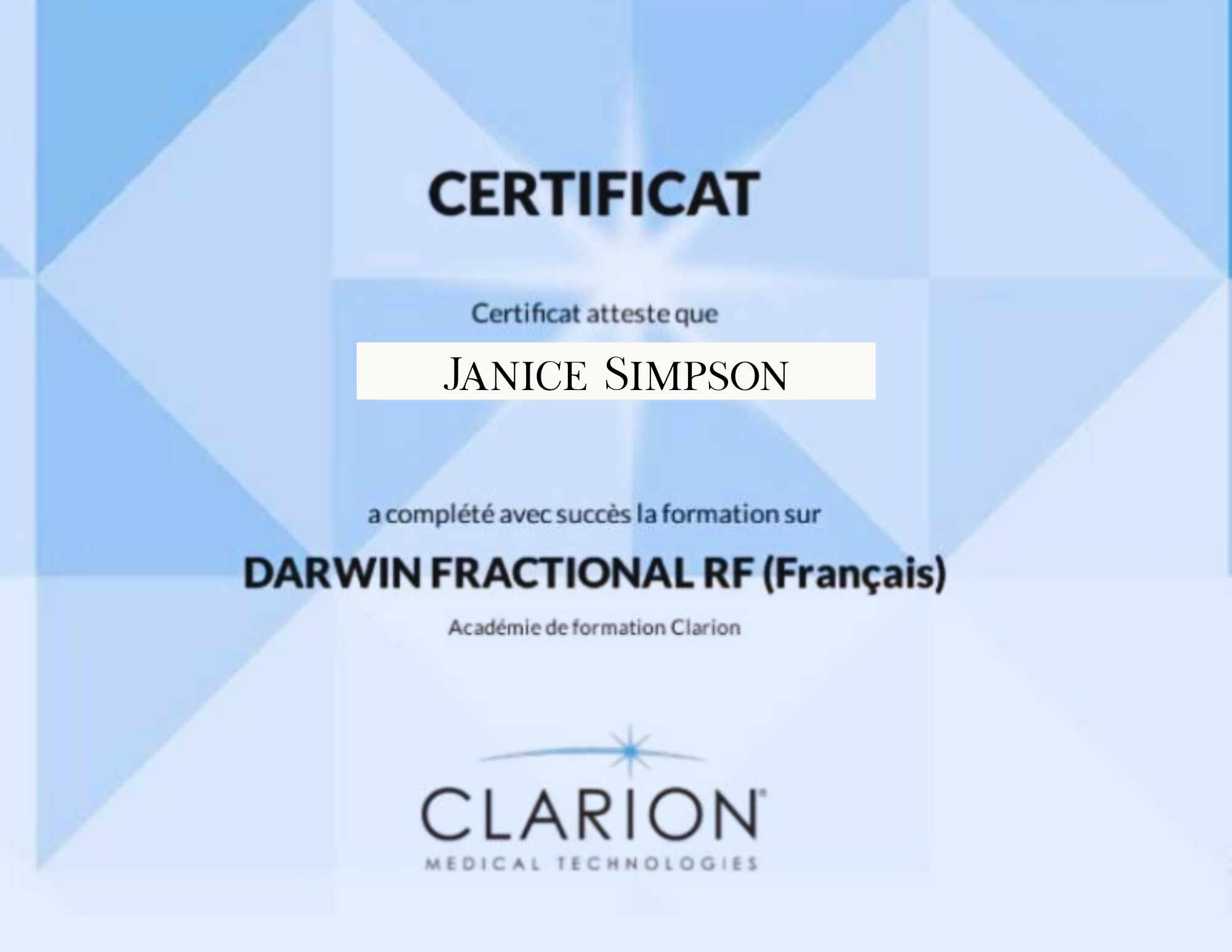 Janice Simpson LUVO Darwin Fractional RF Training Certificate
