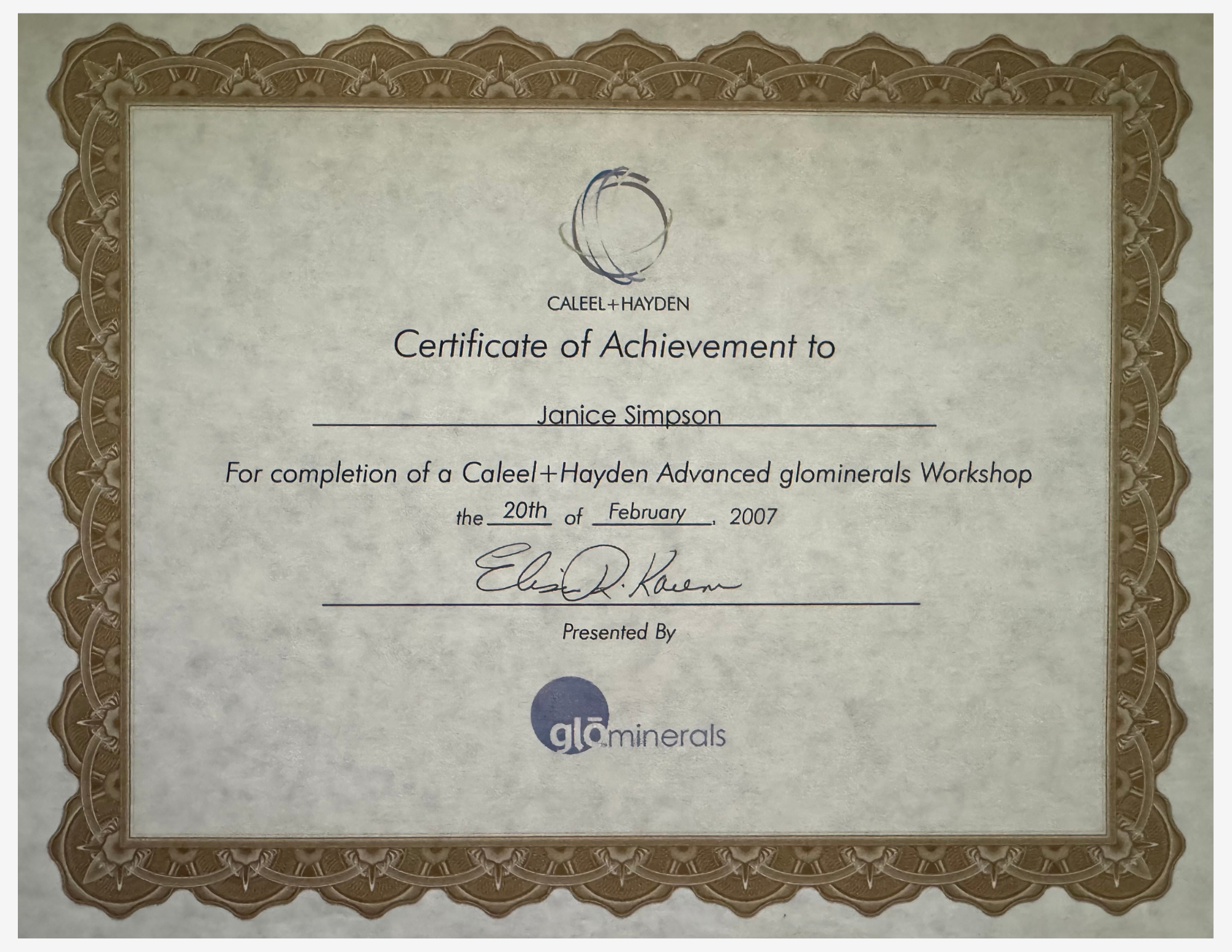 Janice Simpson gloMinerals Advanced Workshop Certificate