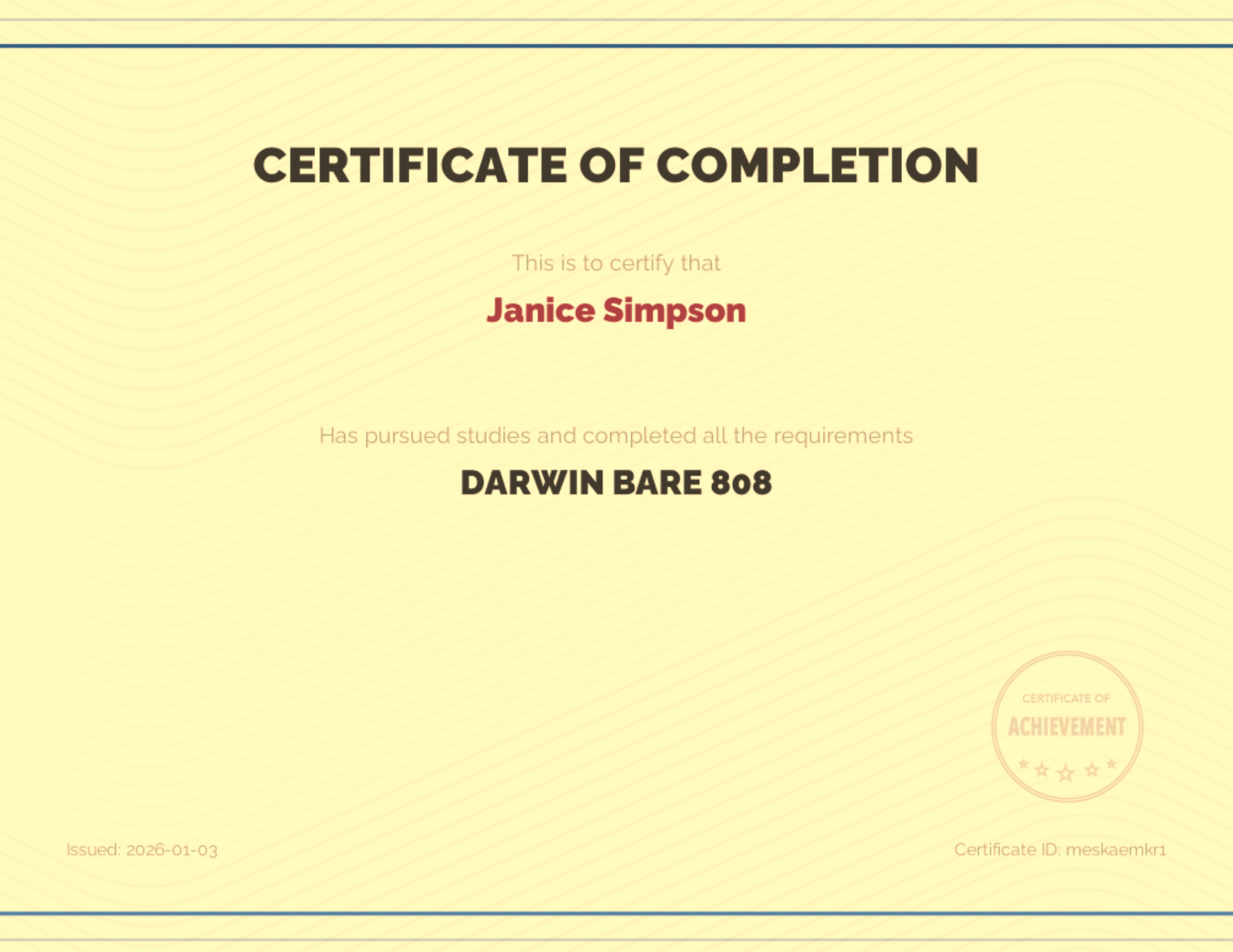 Janice Simpson LUVO Darwin Bare 808 Training Certificate