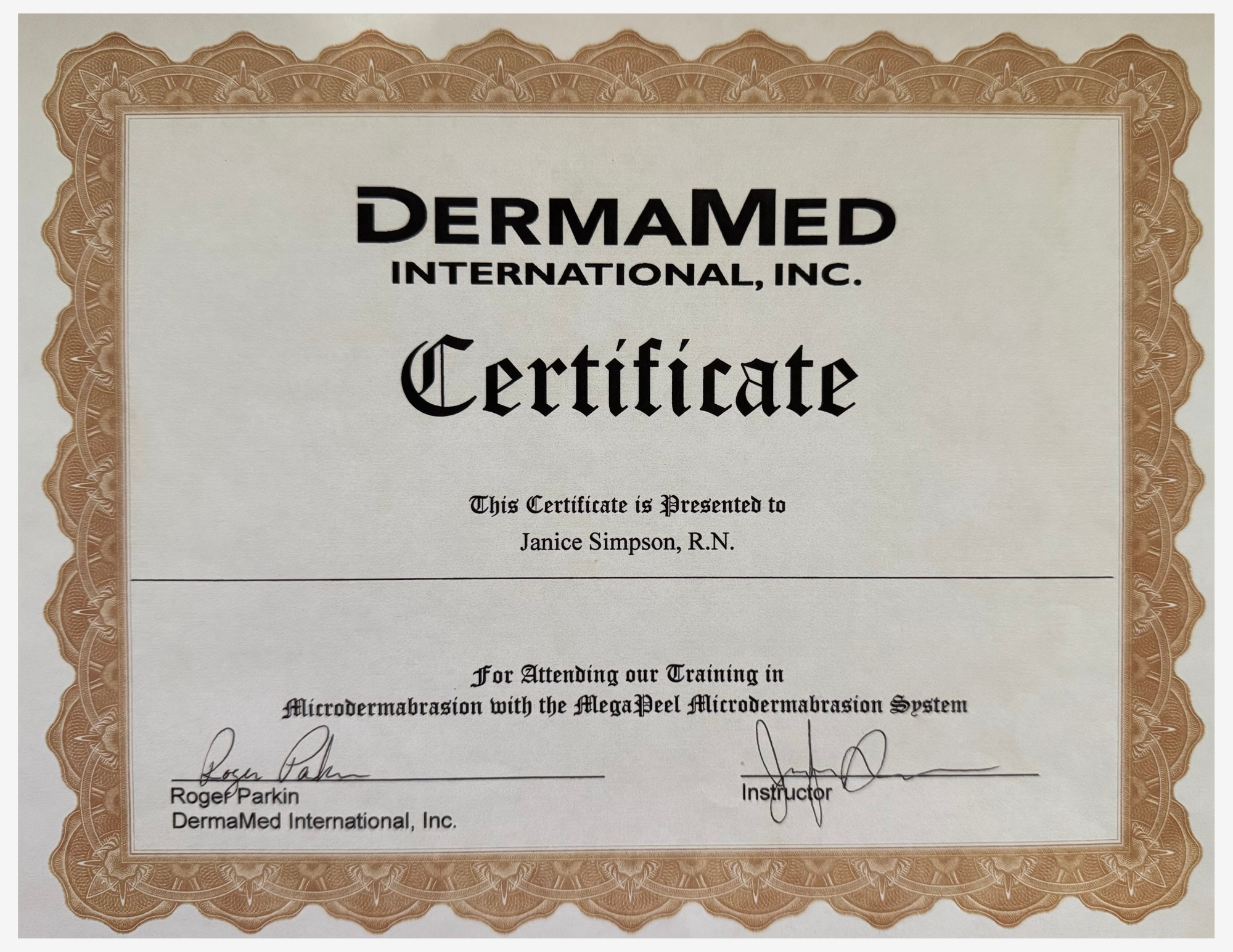 Janice Simpson DermaMed Certificate