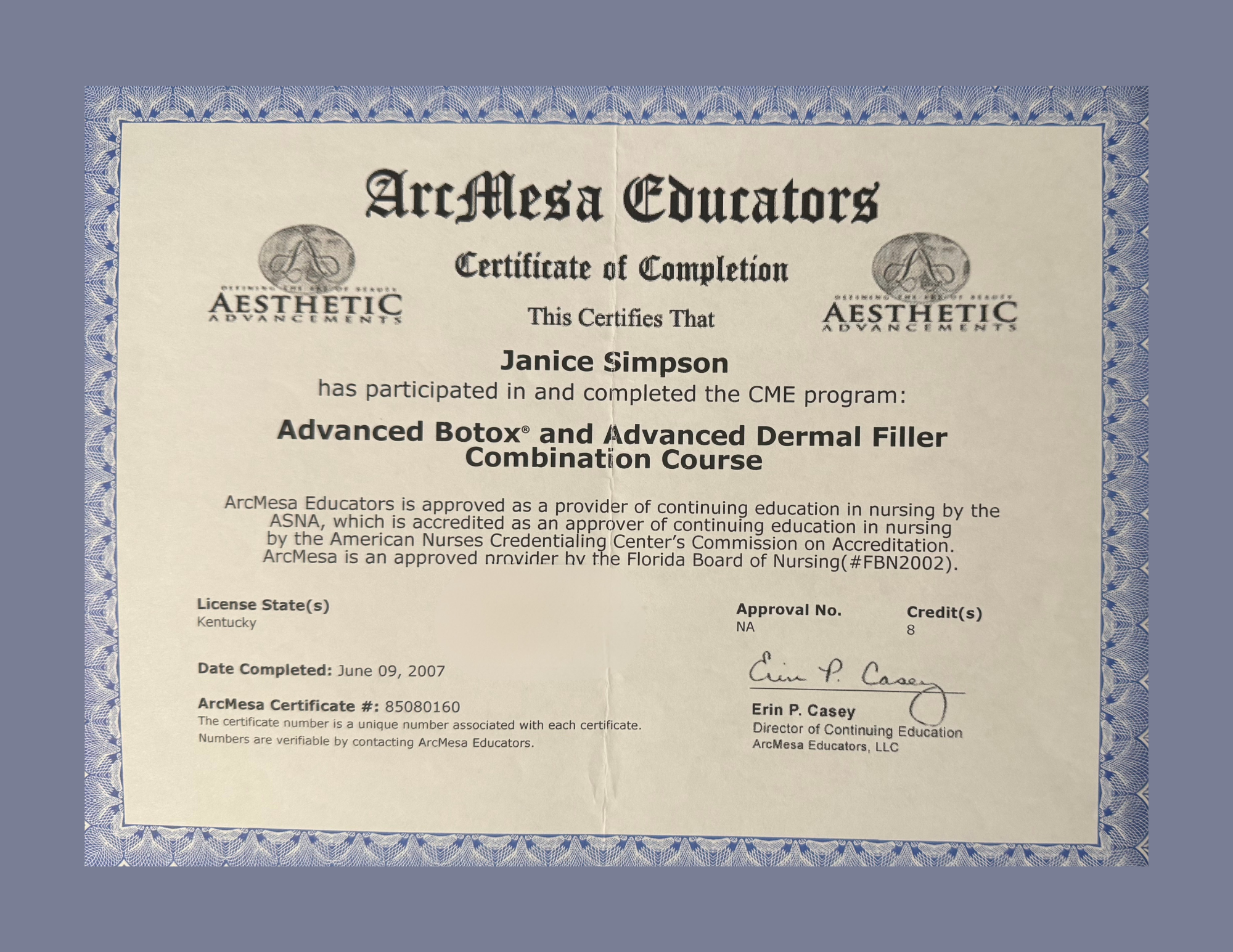 Janice Simpson Advanced Botox and Dermal Filler Combo Training Certificate