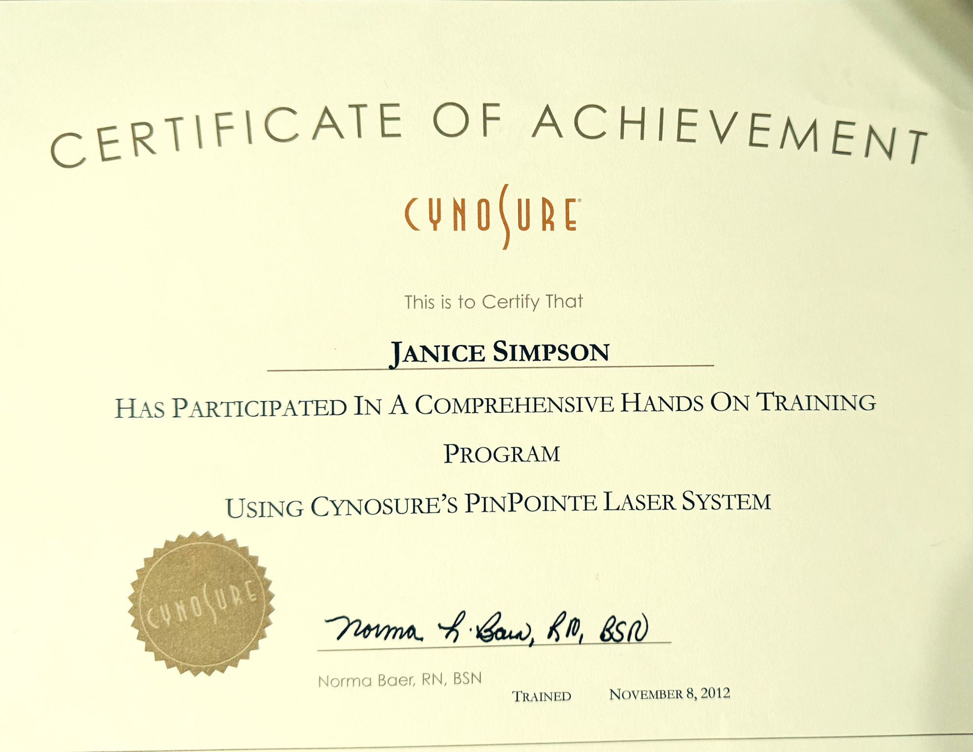 Janice Simpson Cynosure PinPointe Laser Training Certificate
