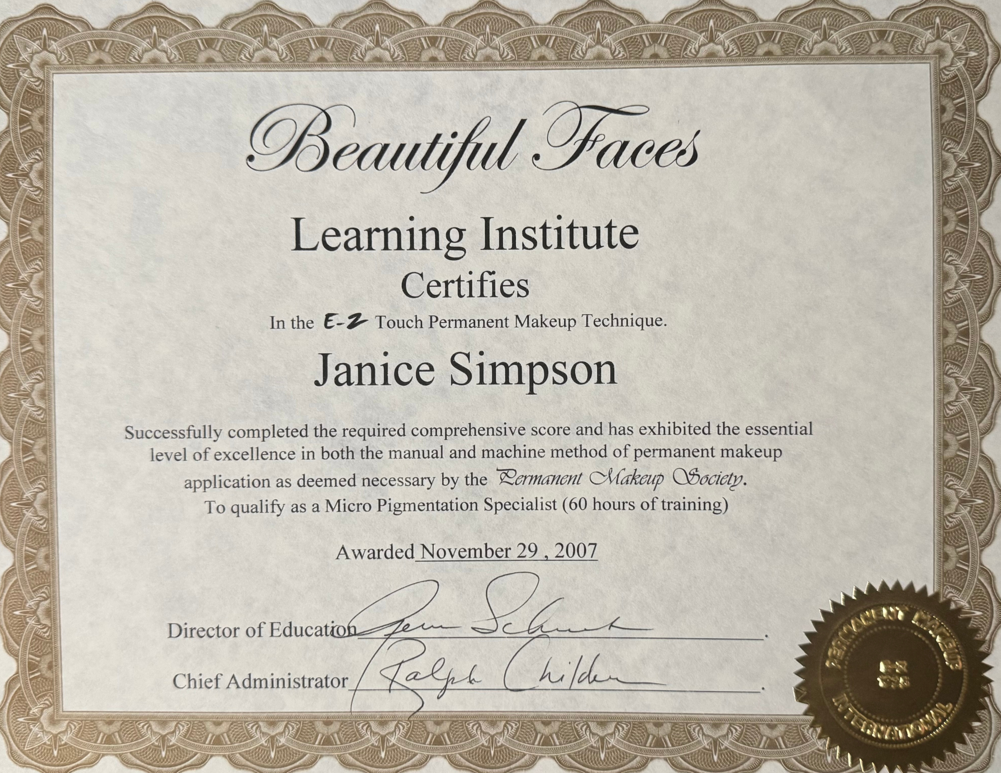 Janice Simpson Permanent Makeup Society Training Certificate