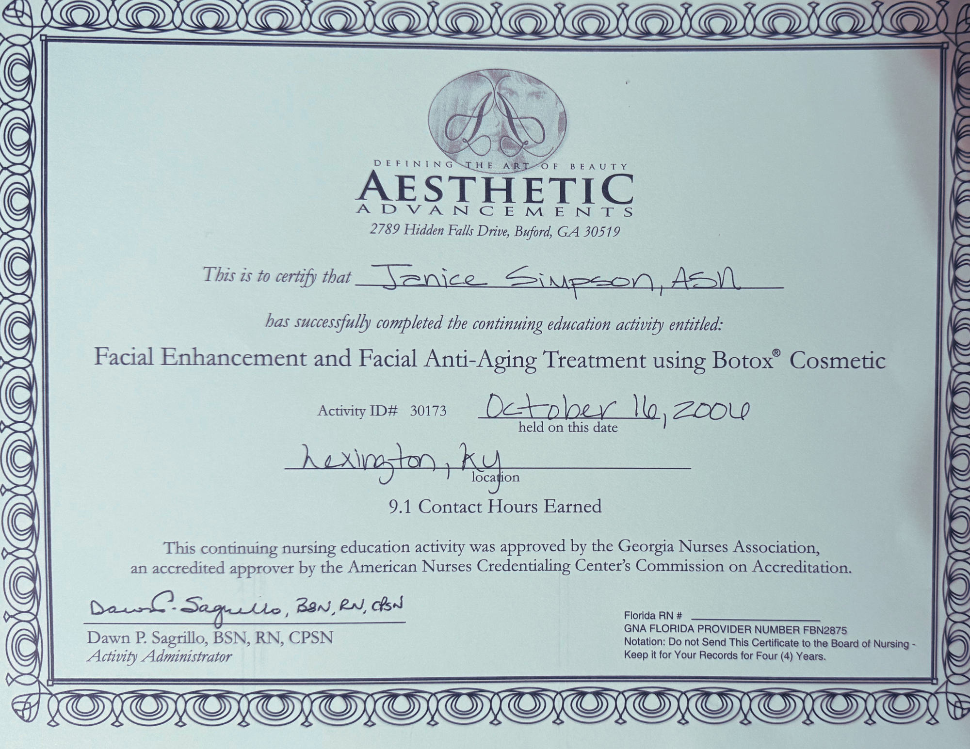 Janice Simpson Facial Enhancement and Anti Aging Treatment Using Botox Cosmetic Training Certificate