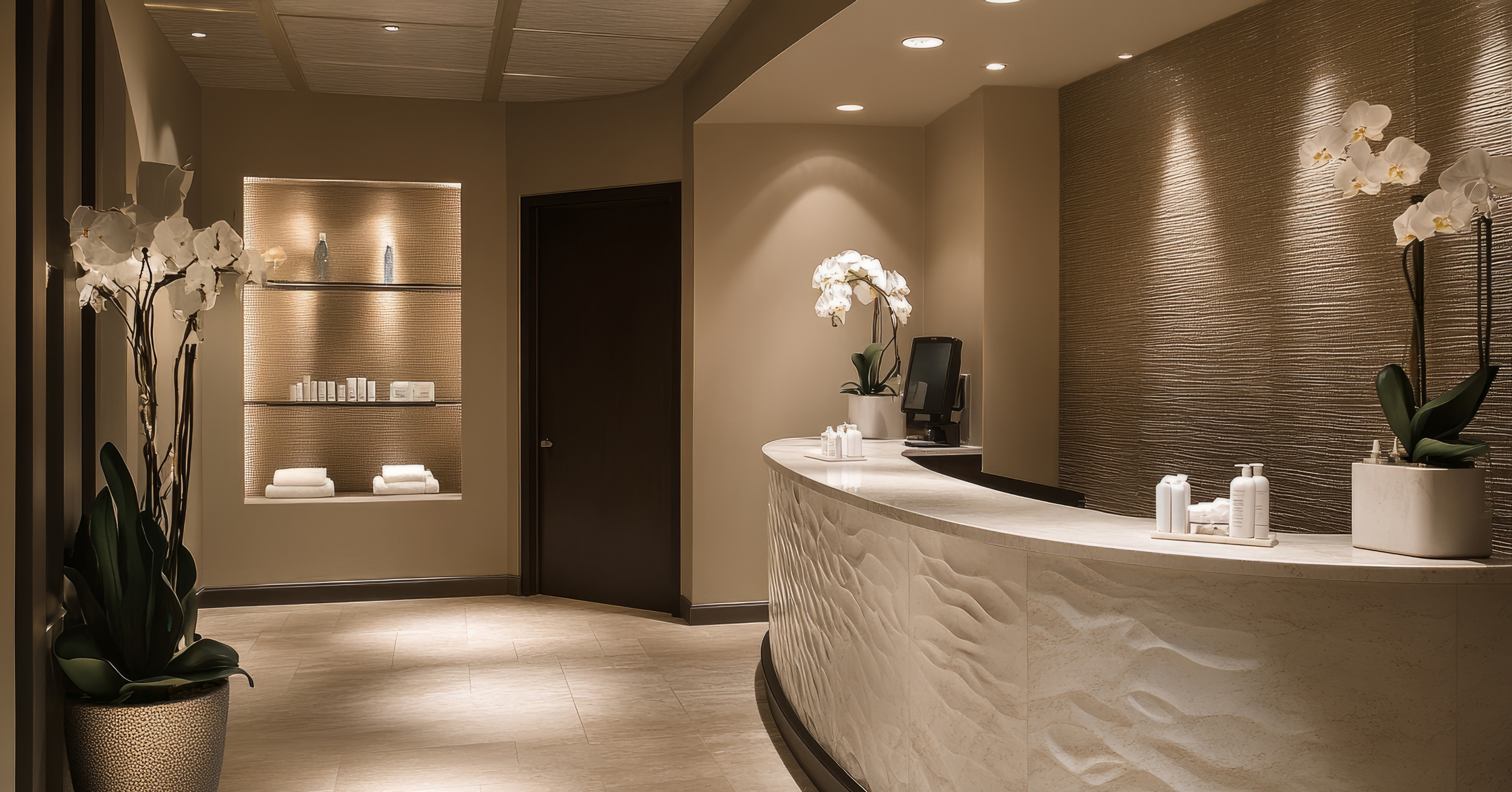 Hotel reception area with a curved marble counter, potted orchids, and neatly folded towels on a shelf in the background, illuminated with warm lighting.